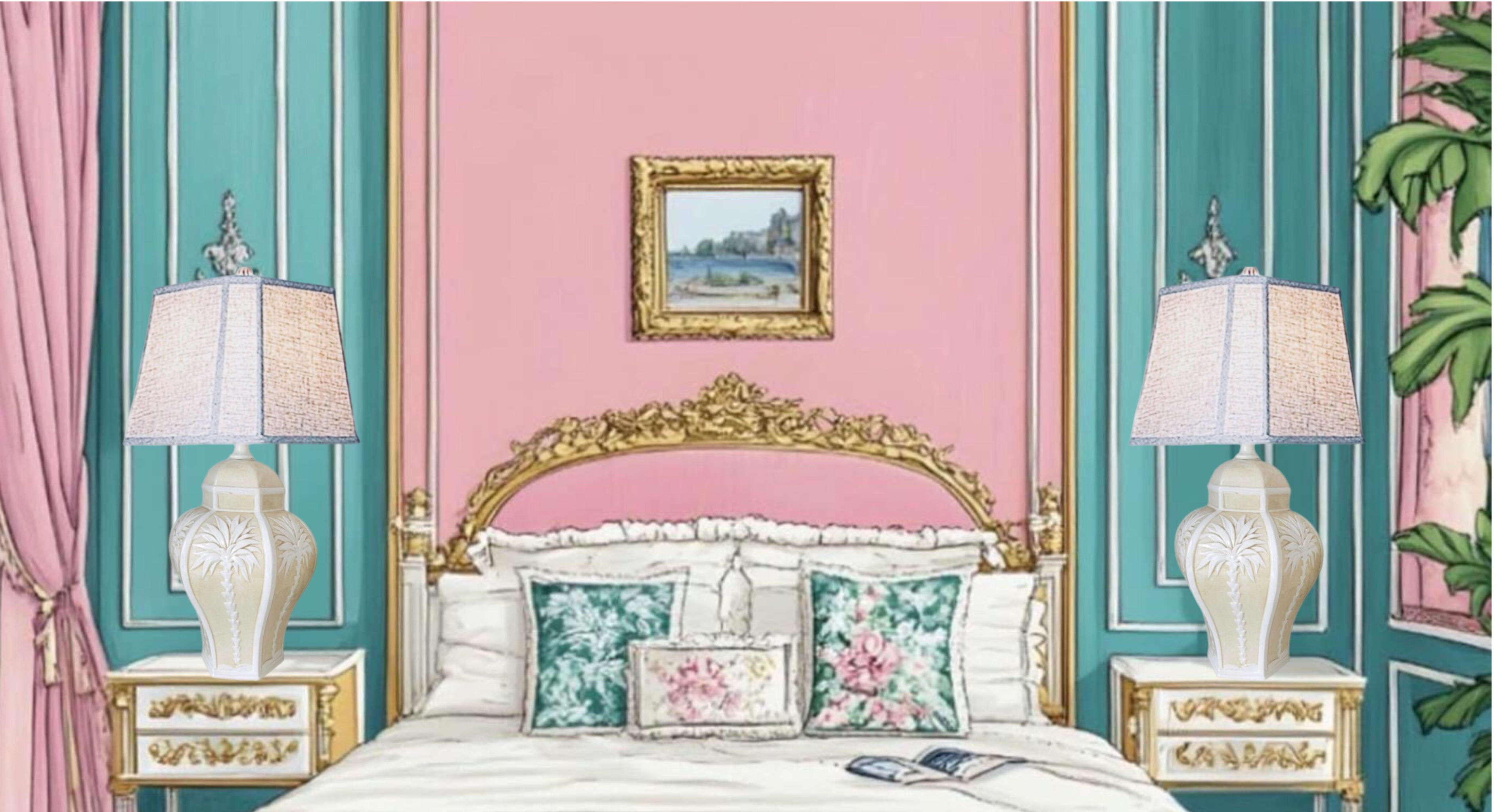 Coppia lampada vintage Palm Beach Regency Dorothy Draper Isp con albero di palma in rilievo in ceramica in vendita 6