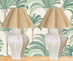 Pair Vintage Palm Beach Regency Dorothy Draper Isp Raised Palm Tree Ceramic Lamp