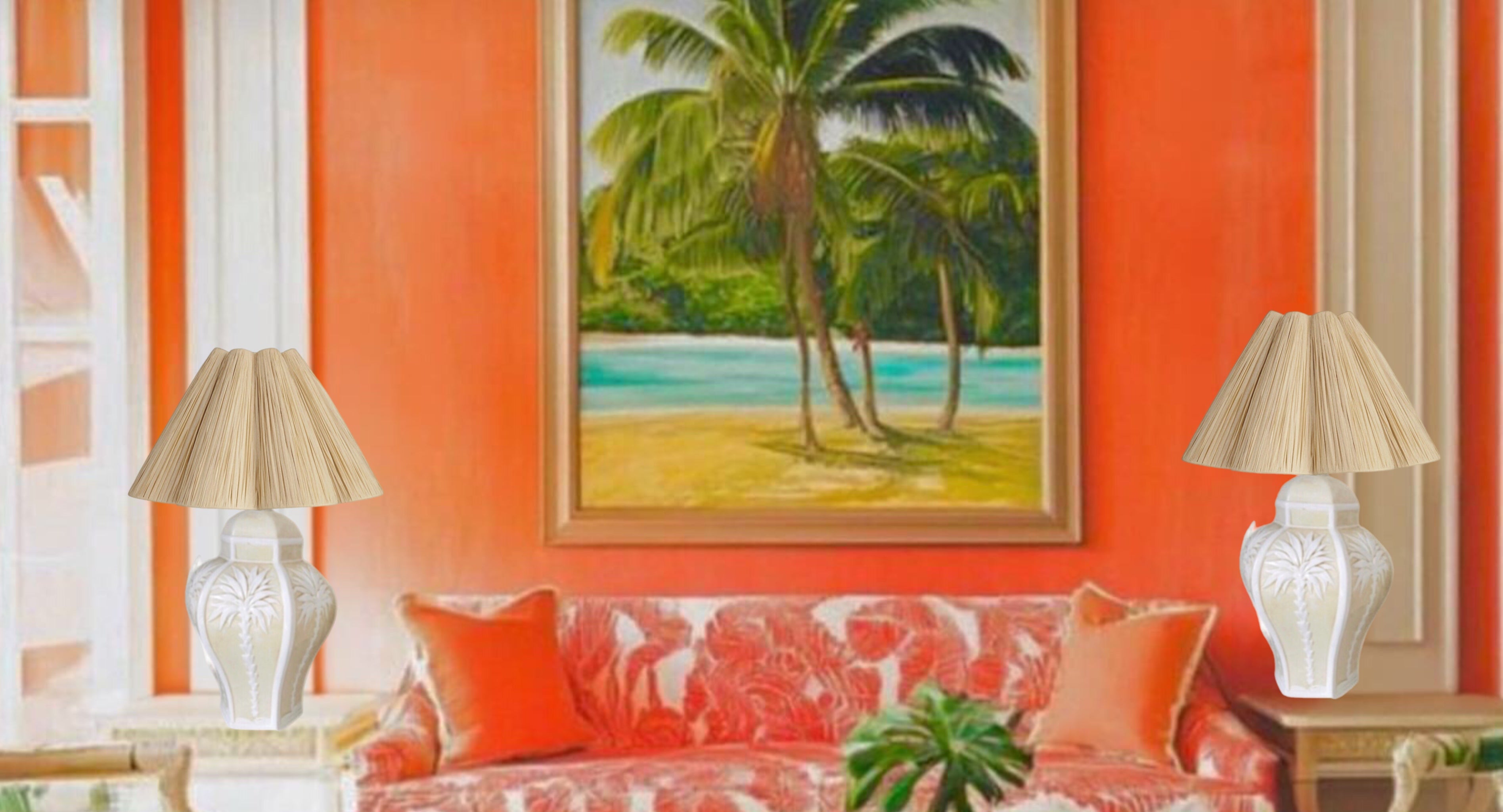 Coppia lampada vintage Palm Beach Regency Dorothy Draper Isp con albero di palma in rilievo in ceramica in vendita