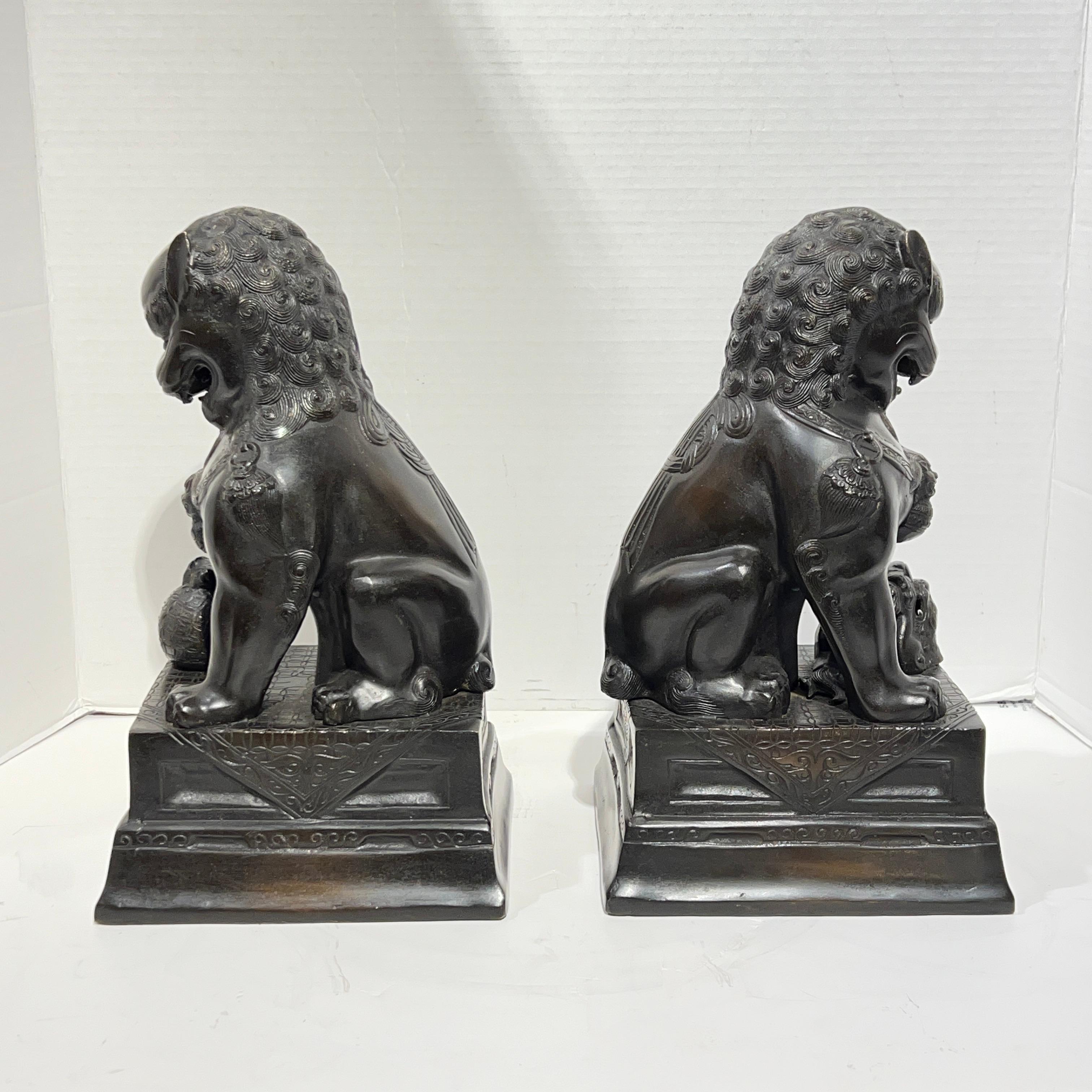 Pair Vintage Patinated Metal Foo Lion Sculptures For Sale 6