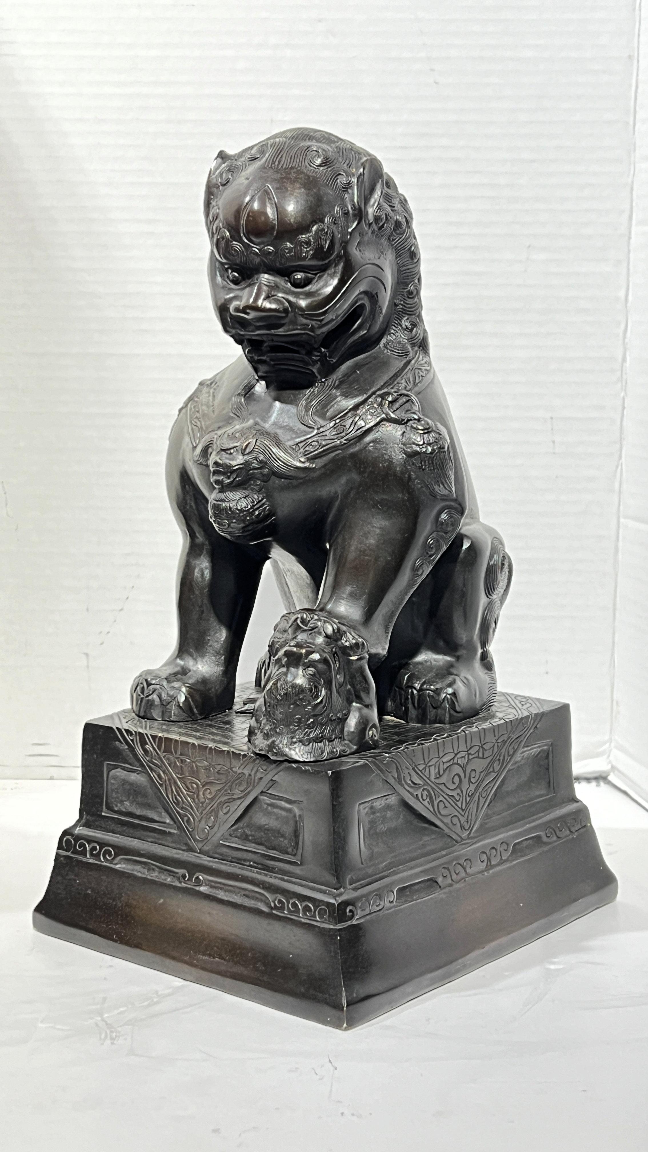 Pair Vintage Patinated Metal Foo Lion Sculptures For Sale 8