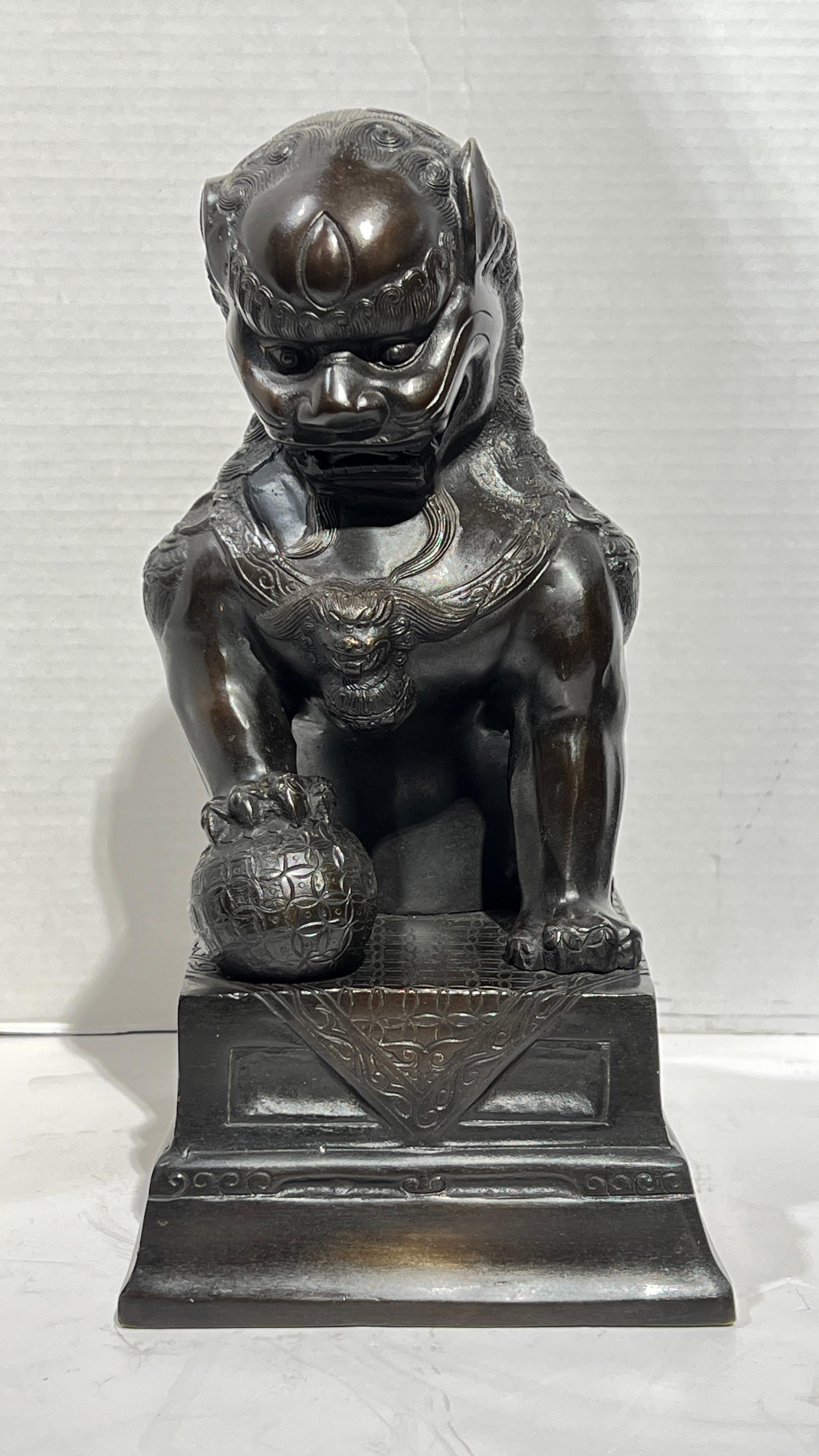 Pair Vintage Patinated Metal Foo Lion Sculptures For Sale 9
