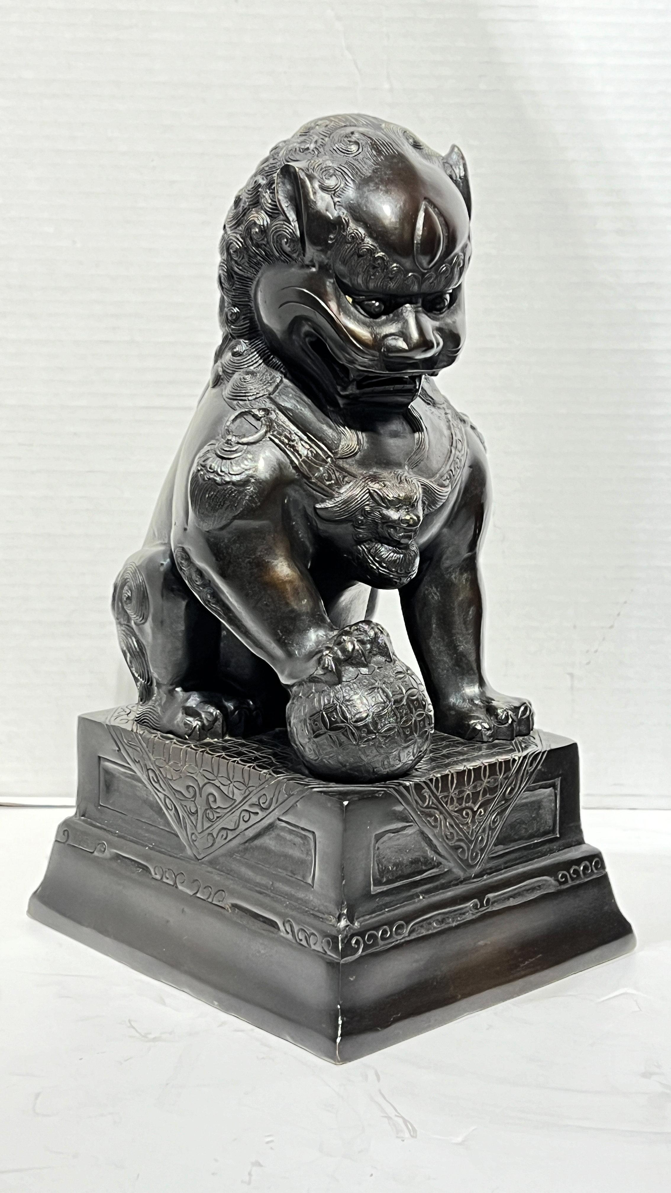 Pair Vintage Patinated Metal Foo Lion Sculptures For Sale 10