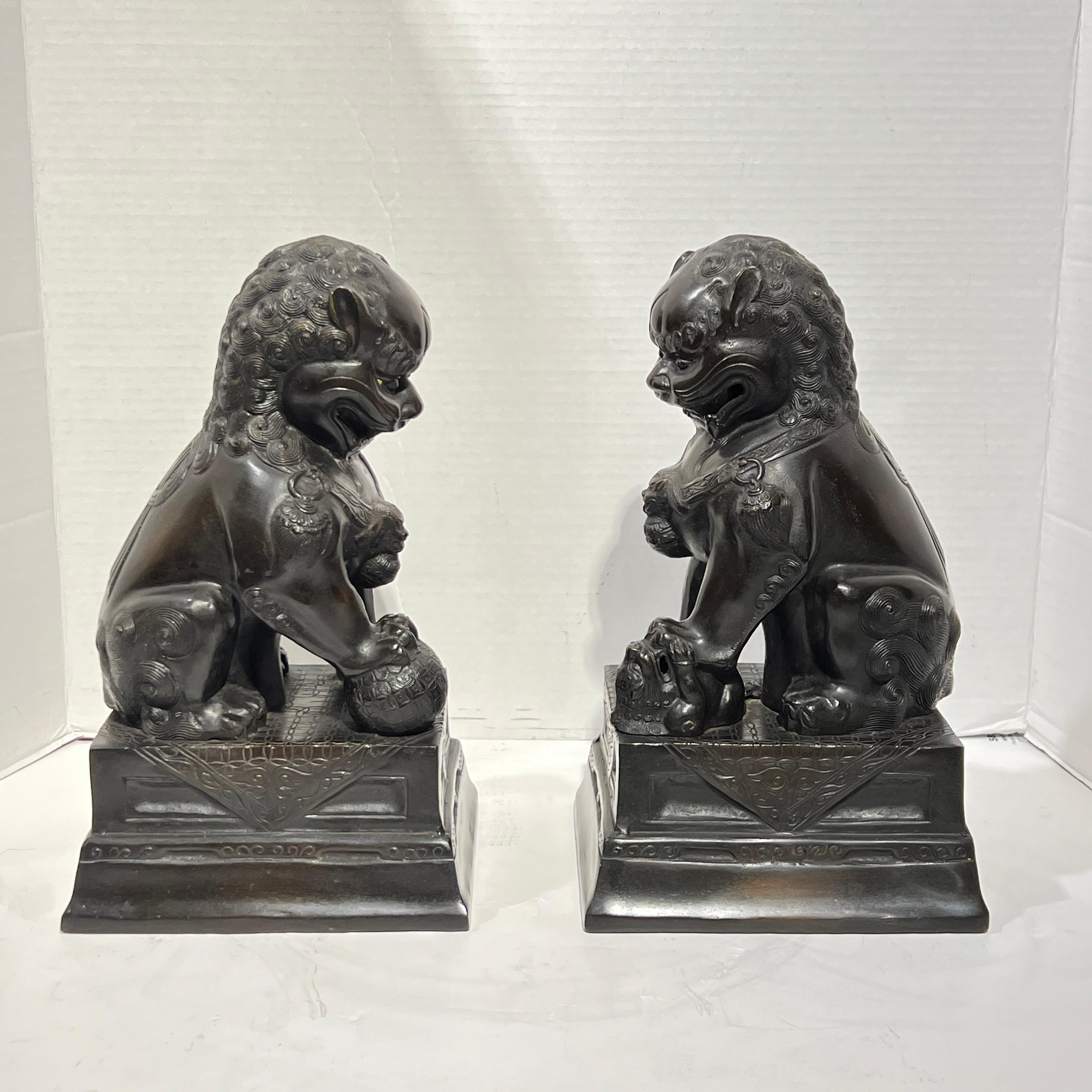 Pair Vintage Patinated Metal Foo Lion Sculptures For Sale 3