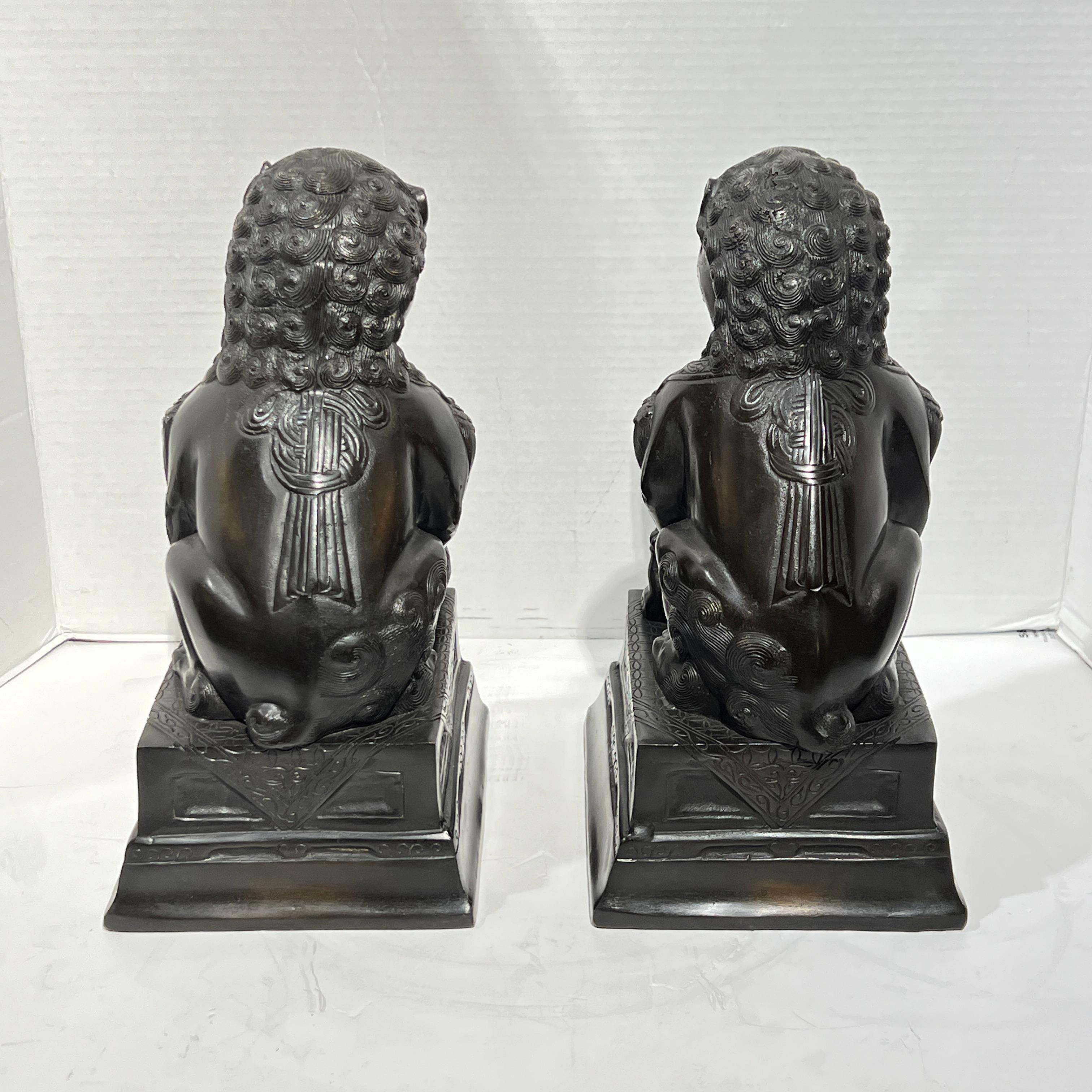Pair Vintage Patinated Metal Foo Lion Sculptures For Sale 4