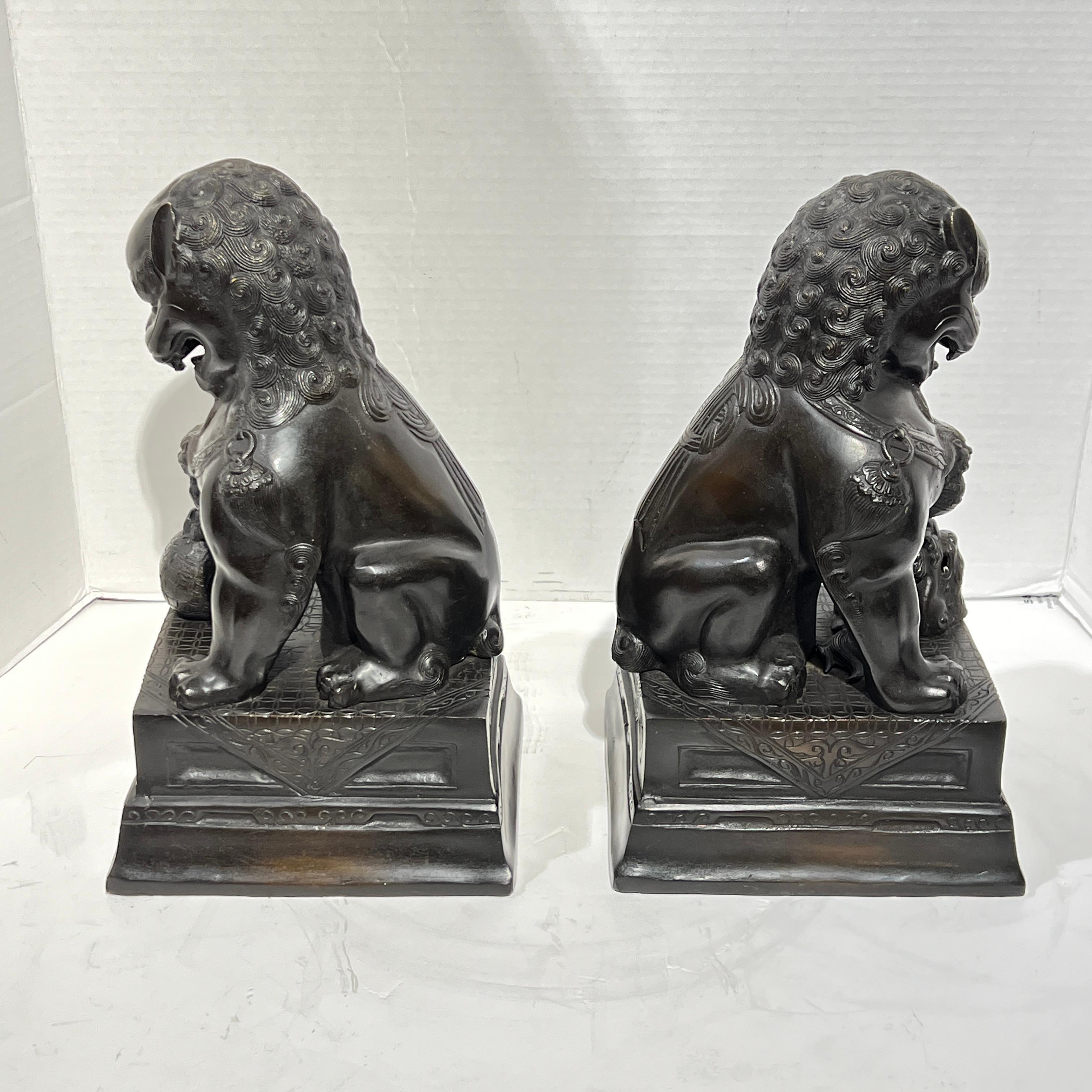 Pair Vintage Patinated Metal Foo Lion Sculptures For Sale 5