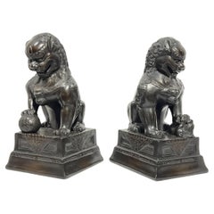 Pair Vintage Patinated Metal Foo Lion Sculptures