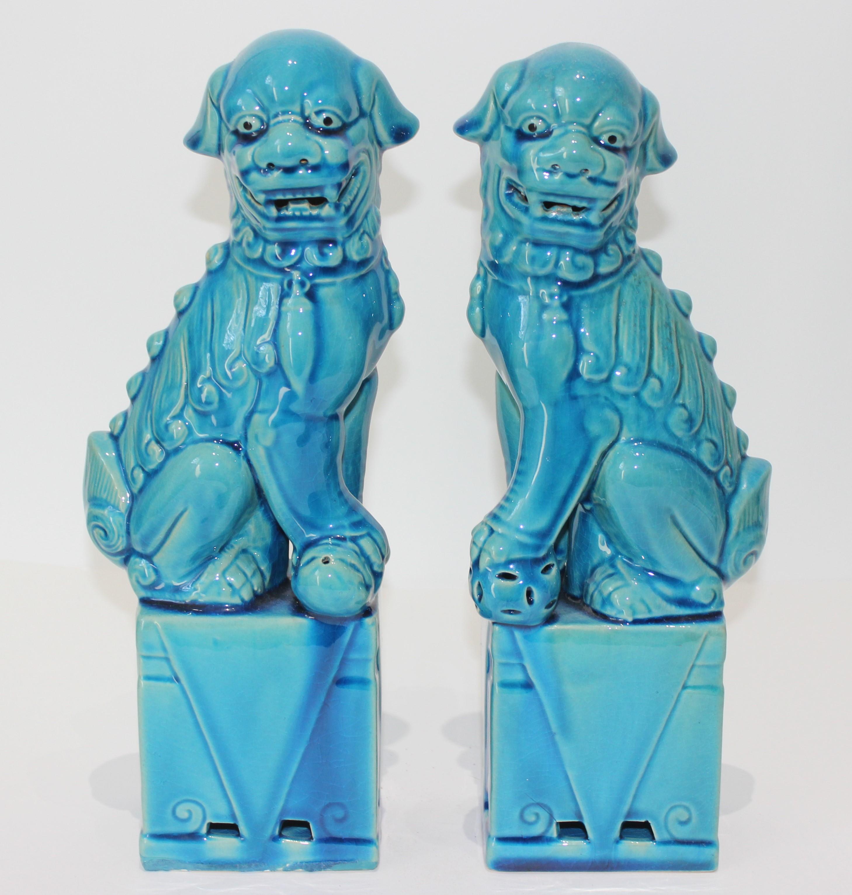 Pair of Vintage Peking Blue Glazed Foo Dogs 4