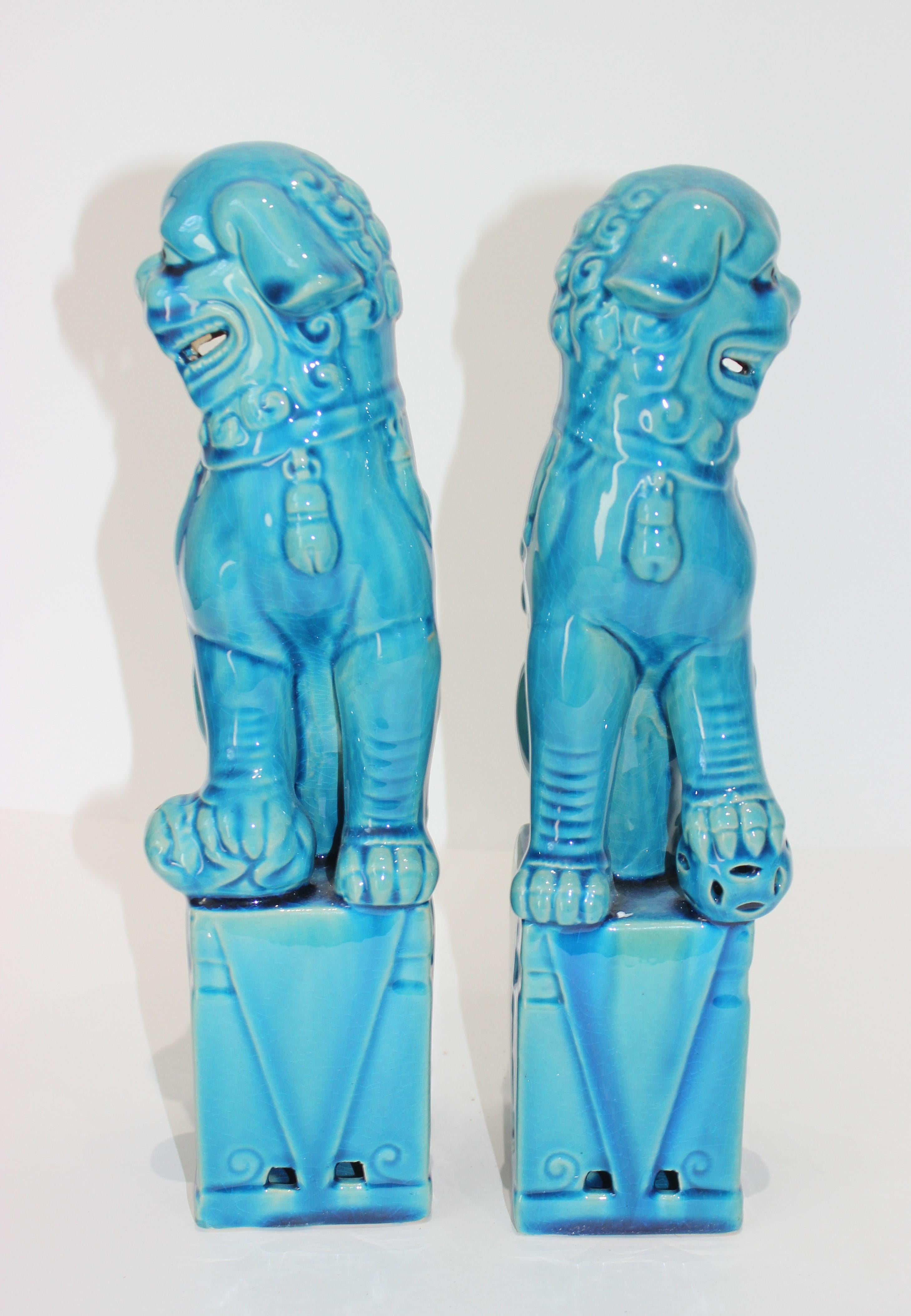 Chinoiserie Pair of Vintage Peking Blue Glazed Foo Dogs