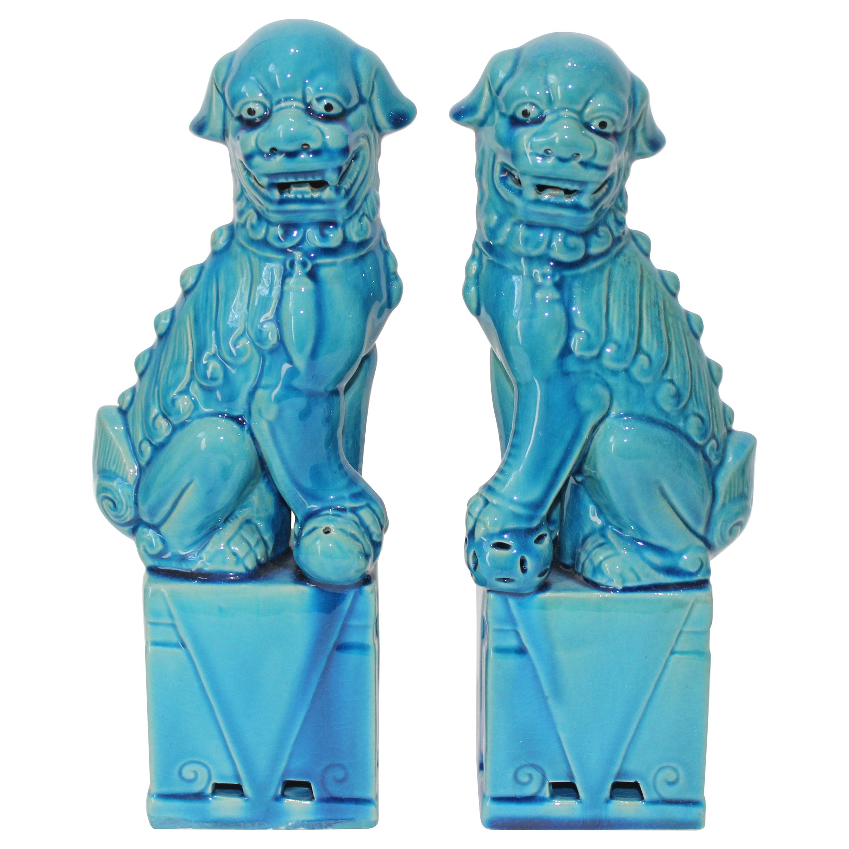 Pair of Vintage Peking Blue Glazed Foo Dogs
