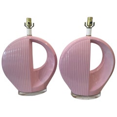 Pair Vintage Pink Italian Eclipse Table Lamps with Lucite Bases, 1970s