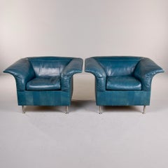 Pair Vintage Poltrona Frau Teal Leather Chairs