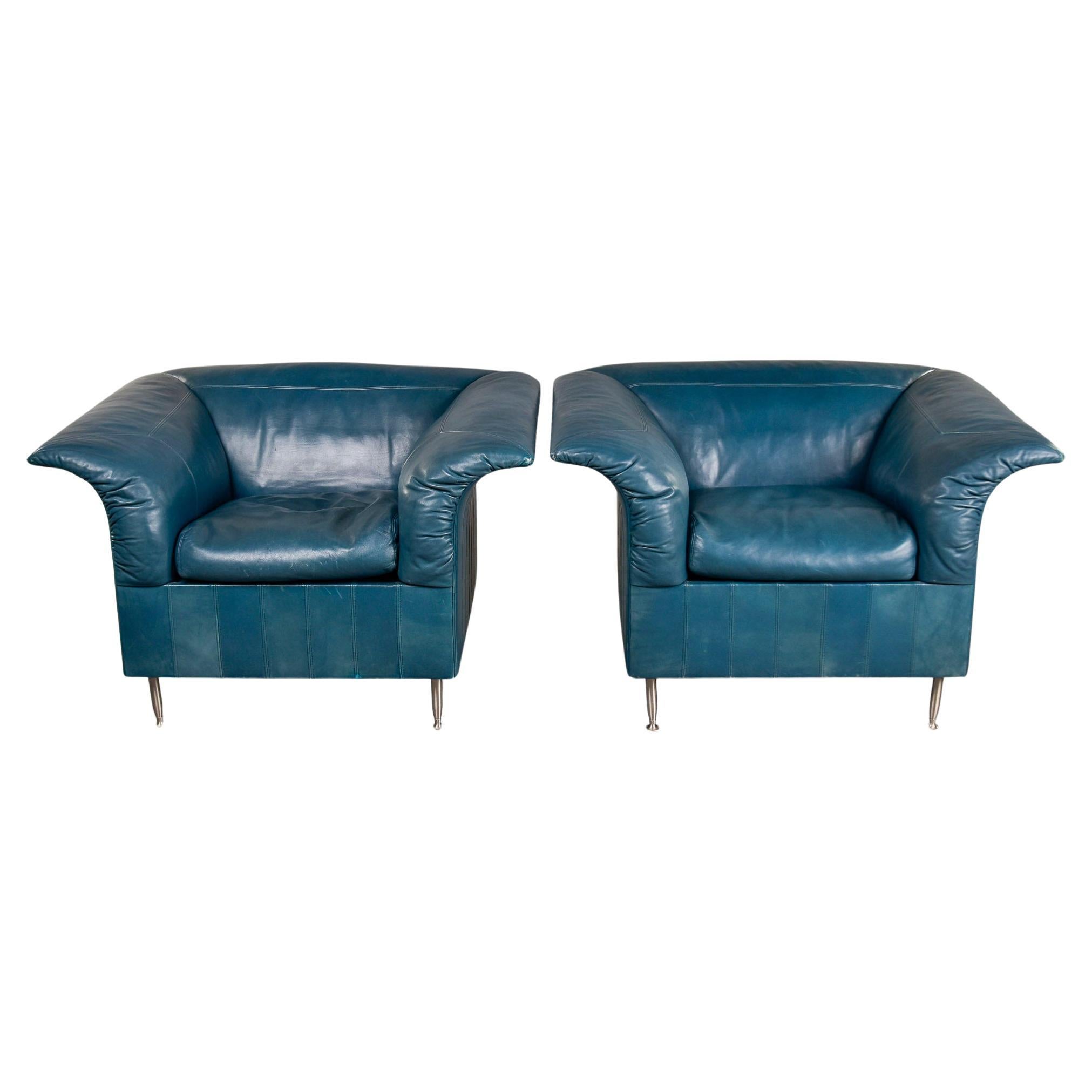 Pair Vintage Poltrona Frau Teal Leather Chairs