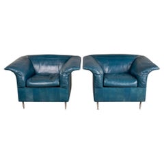 Paar Vintage Poltrona Frau Teal Lederstühle in Blau
