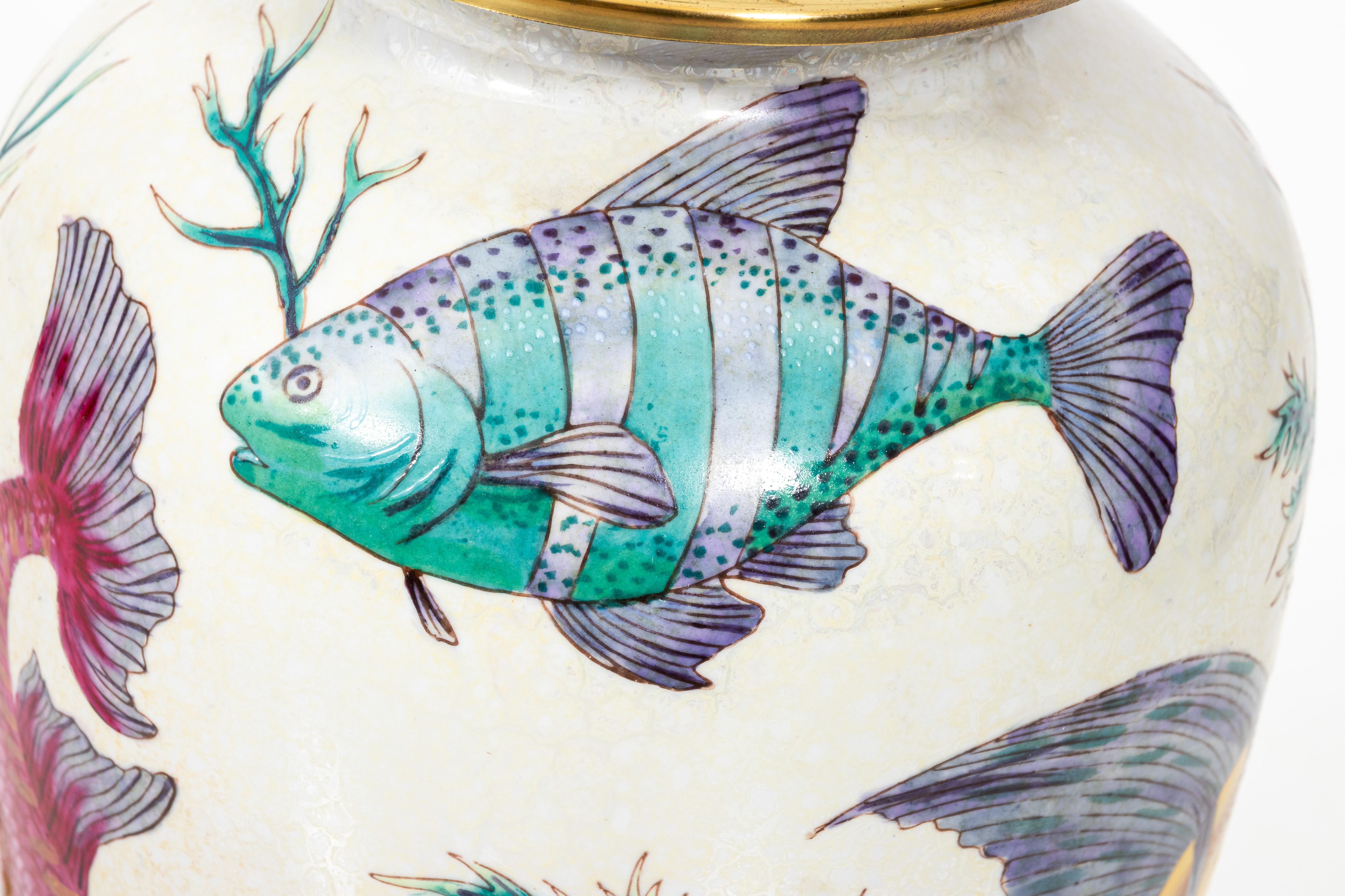 20th Century Pair of Vintage Porcelain Crackle Glaze Fish Motif Lamps
