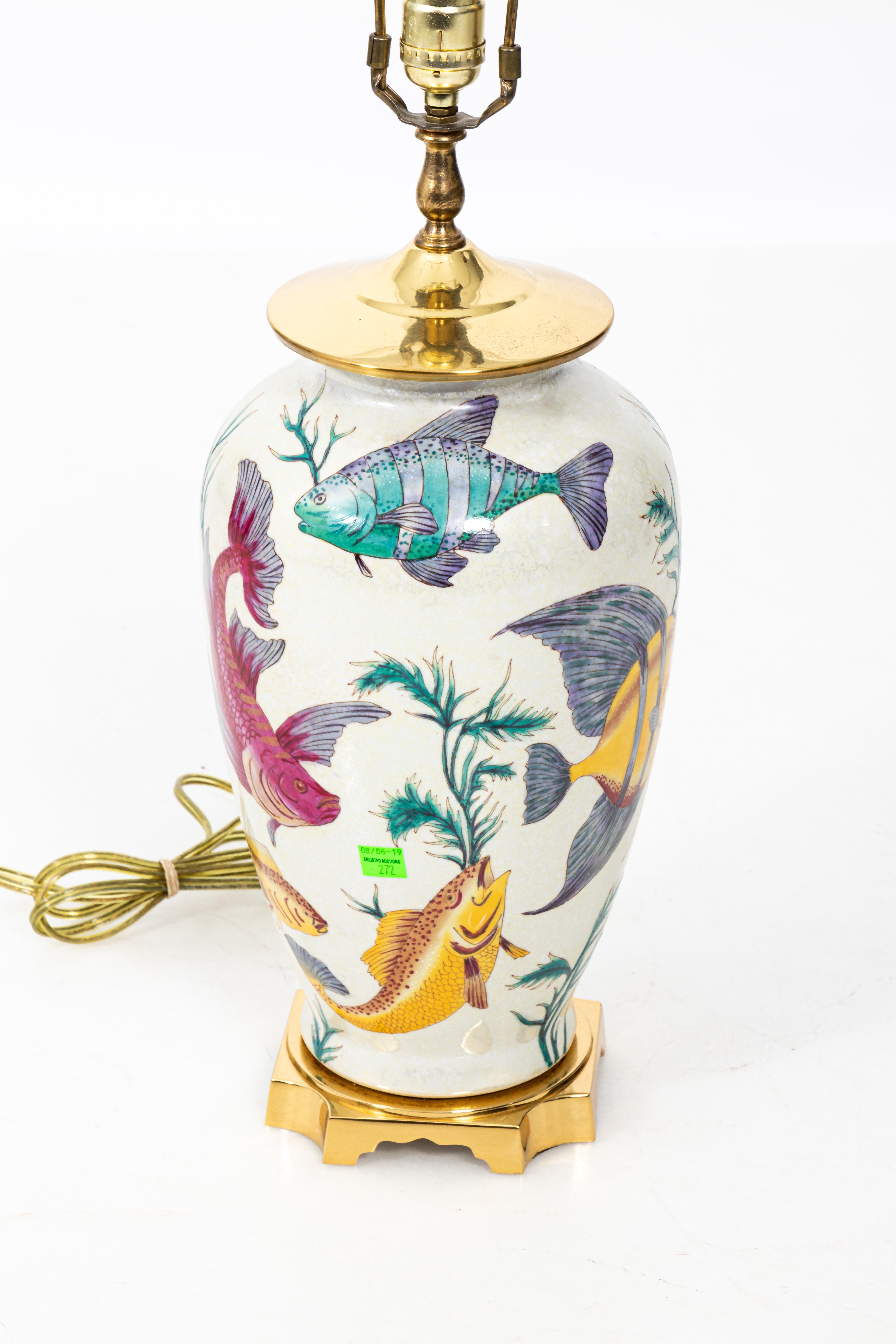Pair of Vintage Porcelain Crackle Glaze Fish Motif Lamps 1