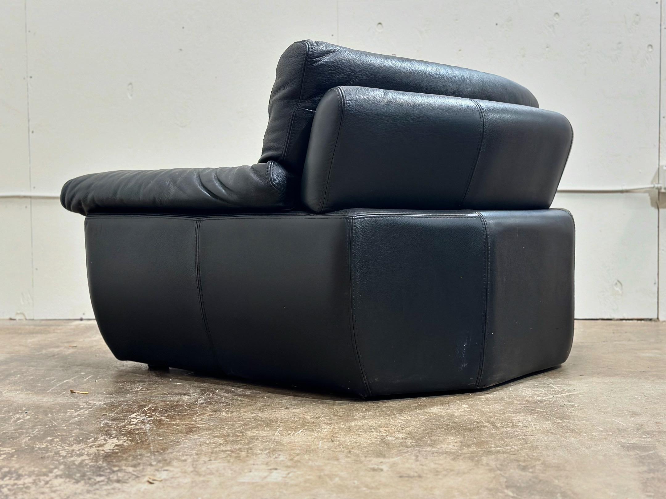 Post-Modern Pair Vintage Post Modern Roche Bobois Black Leather Lounge Chairs + Ottomans