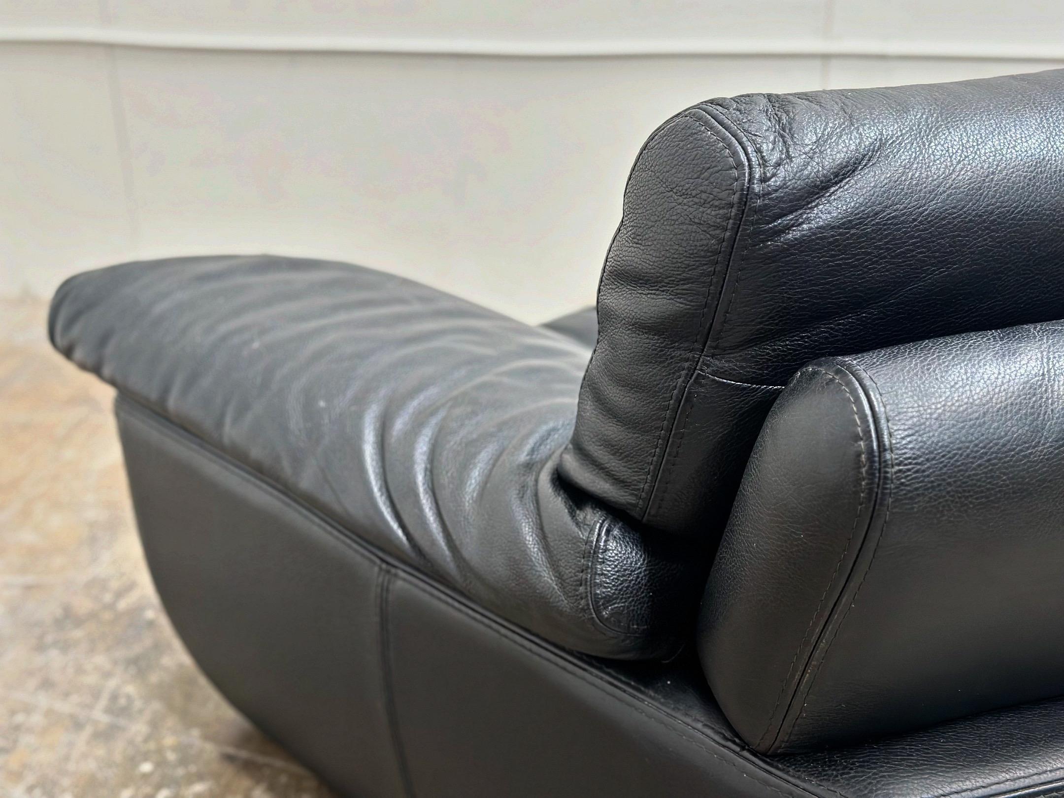 Late 20th Century Pair Vintage Post Modern Roche Bobois Black Leather Lounge Chairs + Ottomans