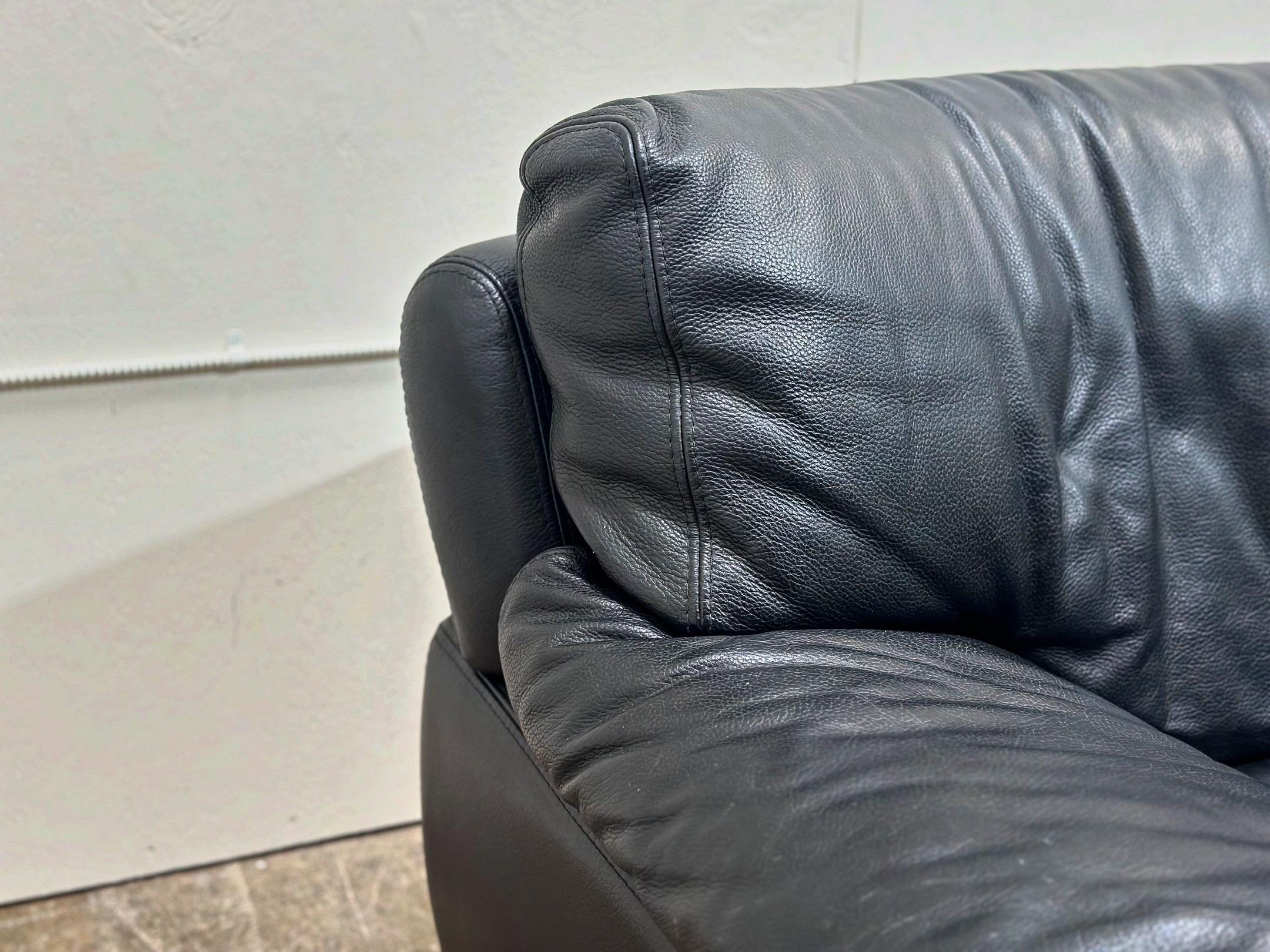 Pair Vintage Post Modern Roche Bobois Black Leather Lounge Chairs + Ottomans 1