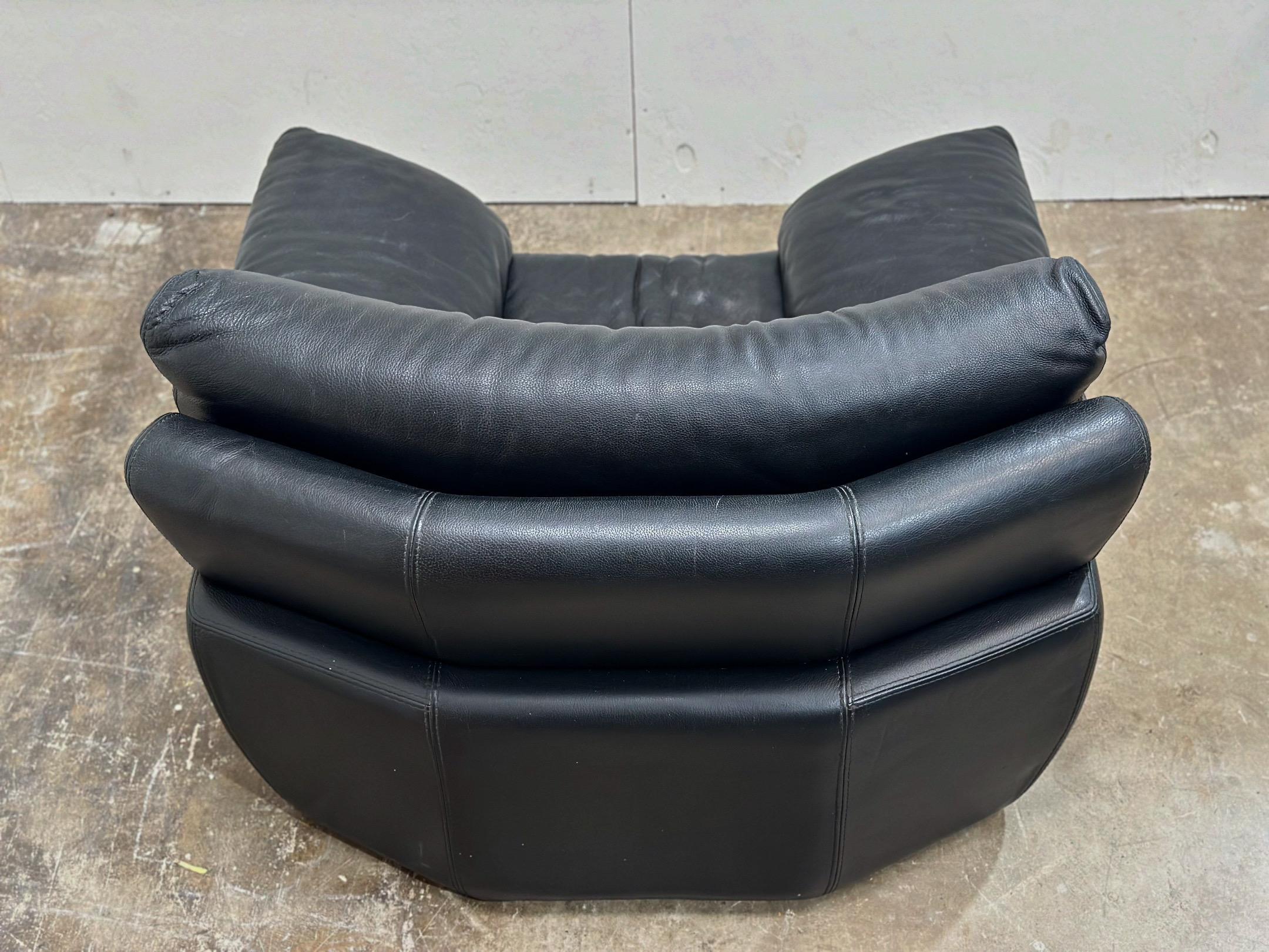Pair Vintage Post Modern Roche Bobois Black Leather Lounge Chairs + Ottomans 2