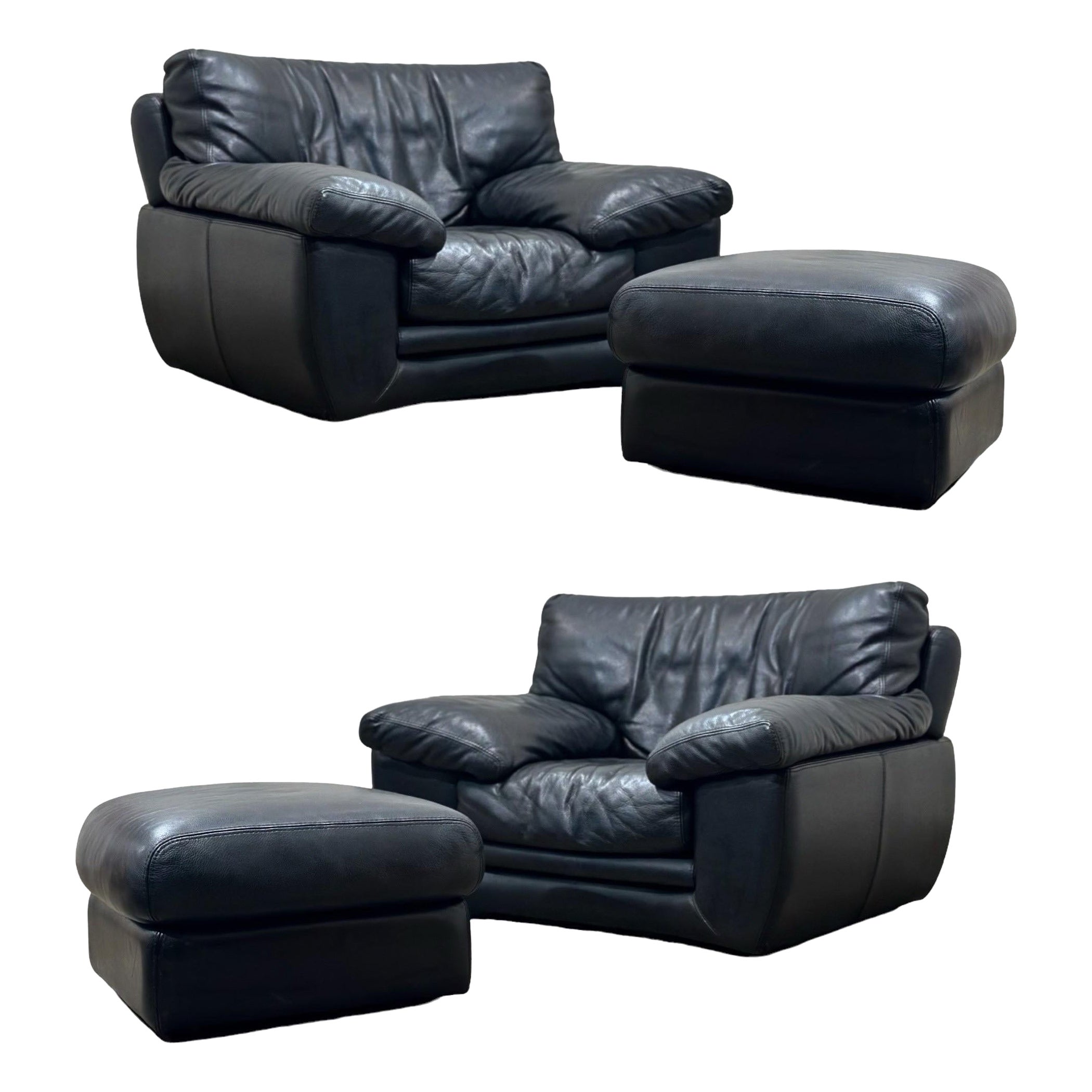 Pair Vintage Post Modern Roche Bobois Black Leather Lounge Chairs + Ottomans