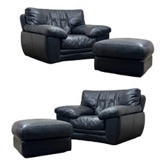 Pair Vintage Post Modern Roche Bobois Black Leather Lounge Chairs + Ottomans