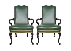 Pair of Vintage Queen Anne Green Library Office Lounge Armchairs
