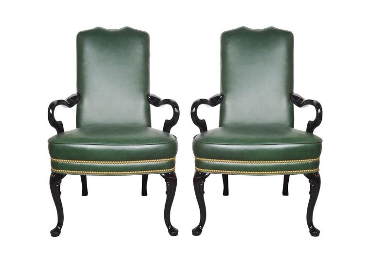 Pair of Vintage Queen Anne Green Library Office Lounge Armchairs For