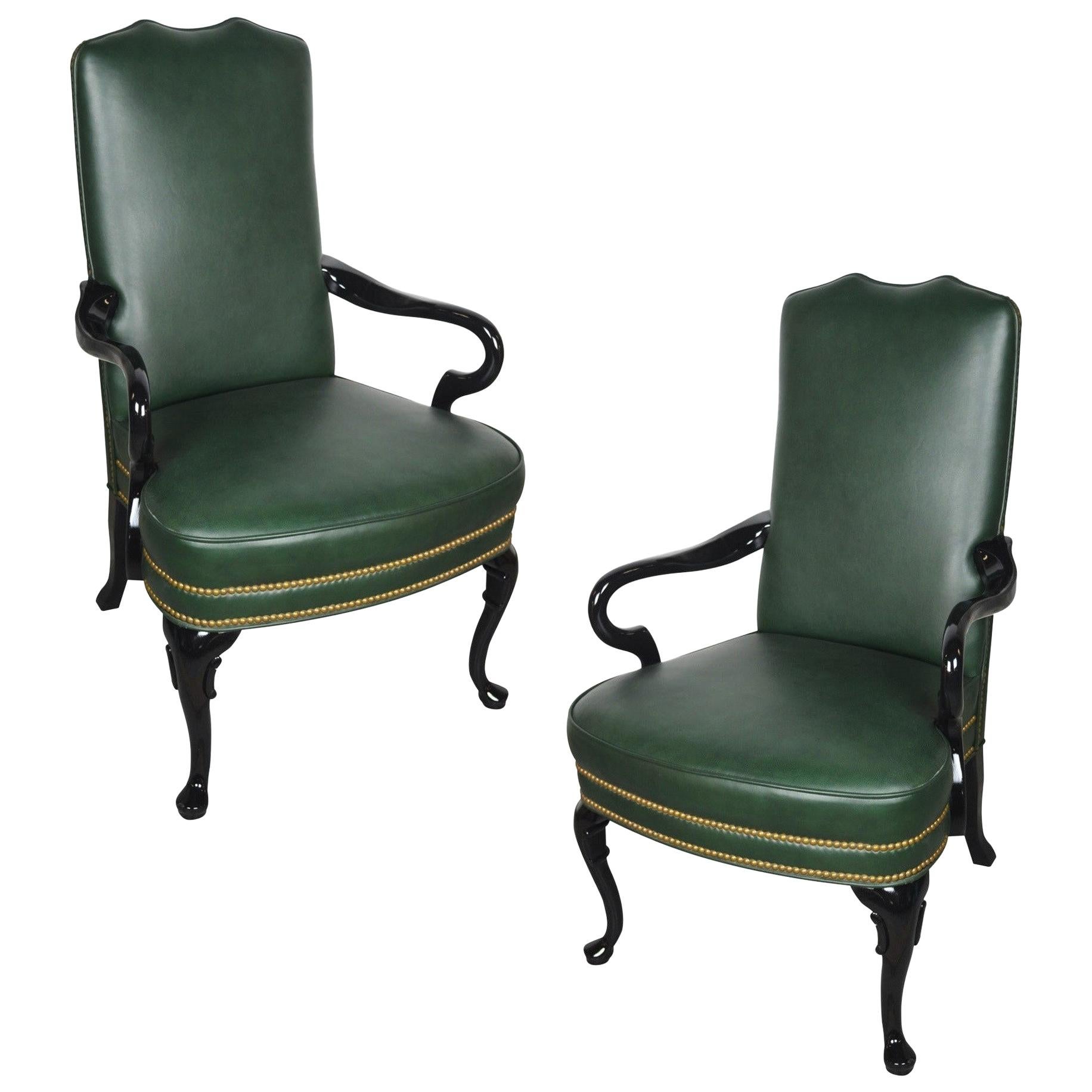 Pair of Vintage Queen Anne Green Library Office Lounge Armchairs For Sale