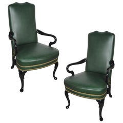 Pair of Vintage Queen Anne Green Library Office Lounge Armchairs