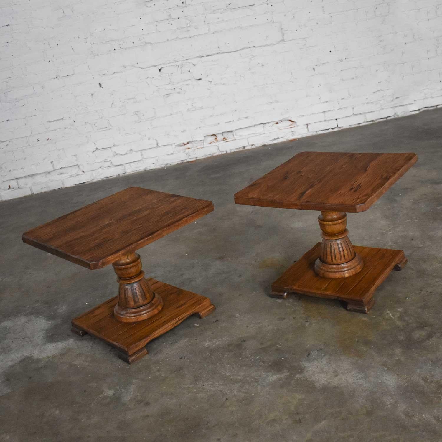 Rustic Pair Vintage Ranch Oak Pedestal Side Tables with Acorn Brown Finish by a. Brandt