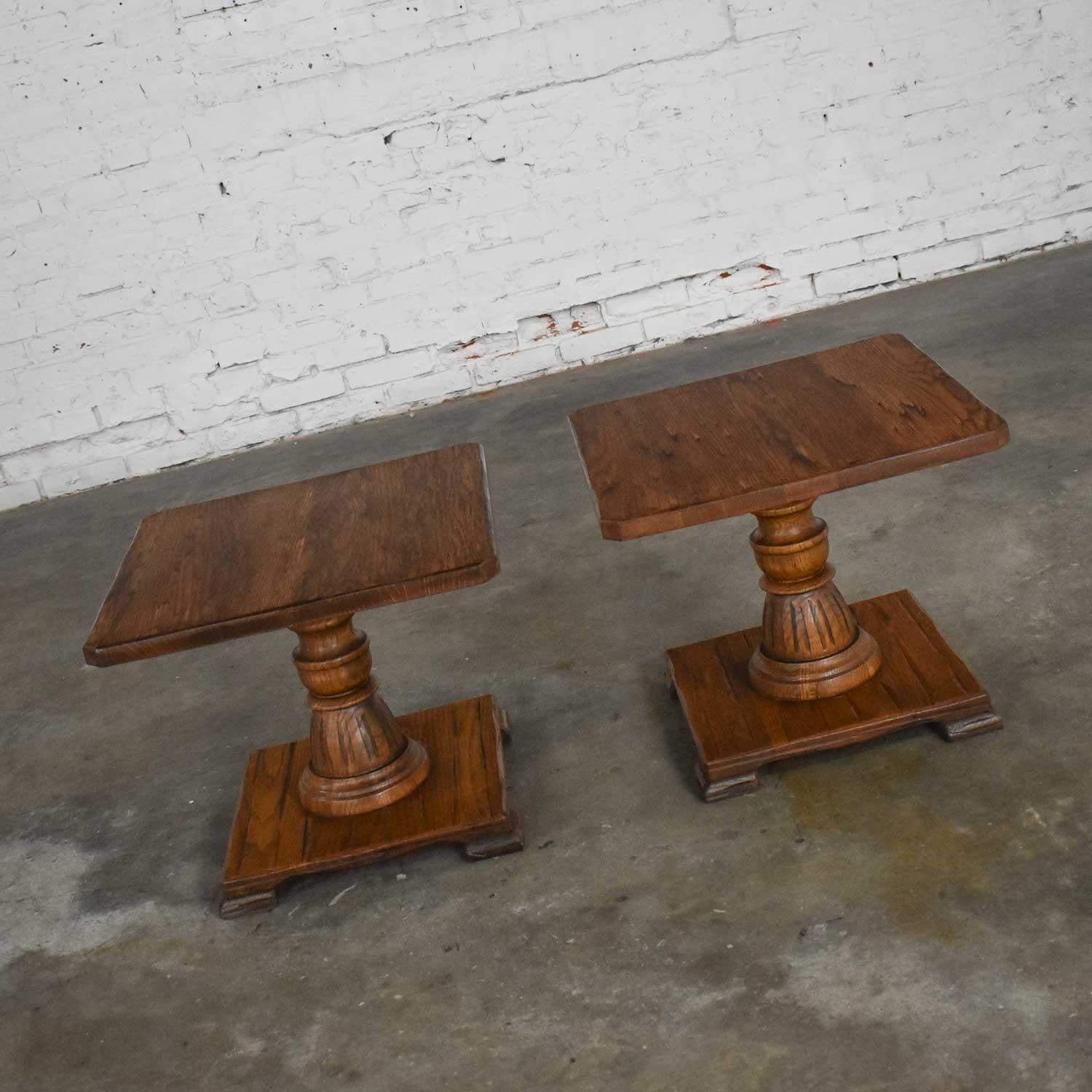American Pair Vintage Ranch Oak Pedestal Side Tables with Acorn Brown Finish by a. Brandt