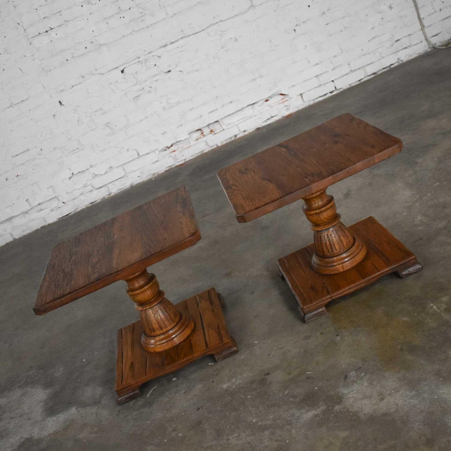 20th Century Pair Vintage Ranch Oak Pedestal Side Tables with Acorn Brown Finish by a. Brandt