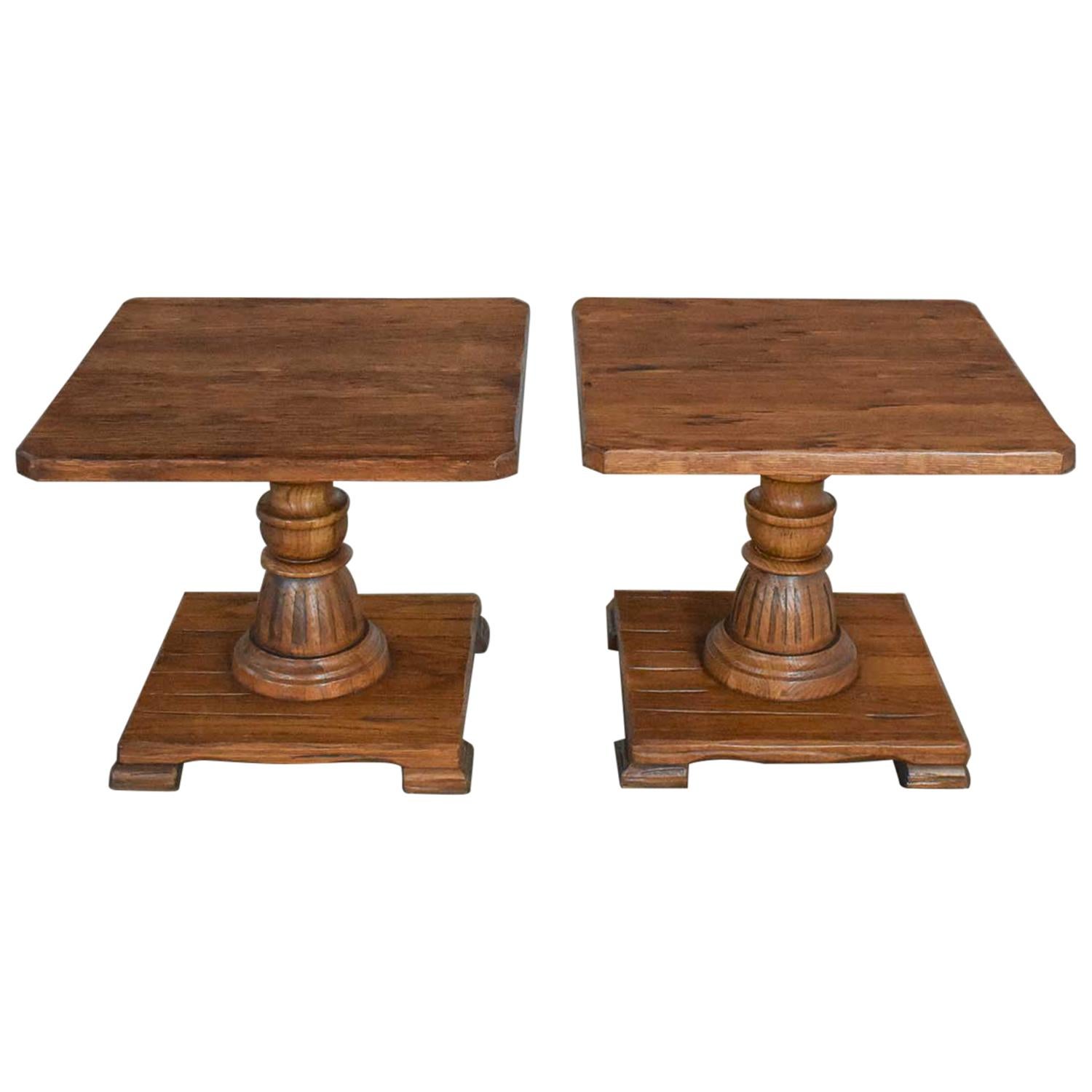 Pair Vintage Ranch Oak Pedestal Side Tables with Acorn Brown Finish by a. Brandt