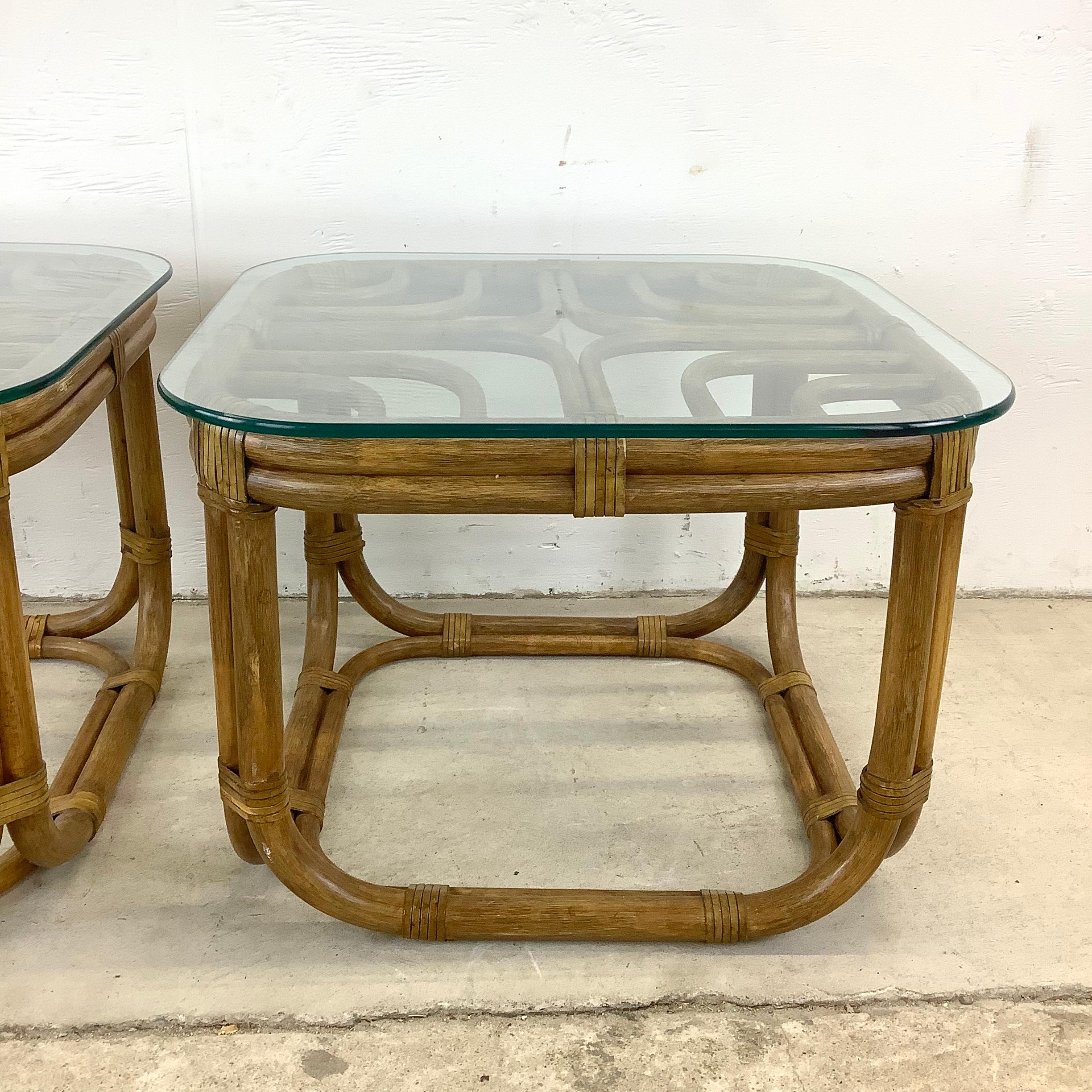 Pair Vintage Rattan Coastal End Tables For Sale 4
