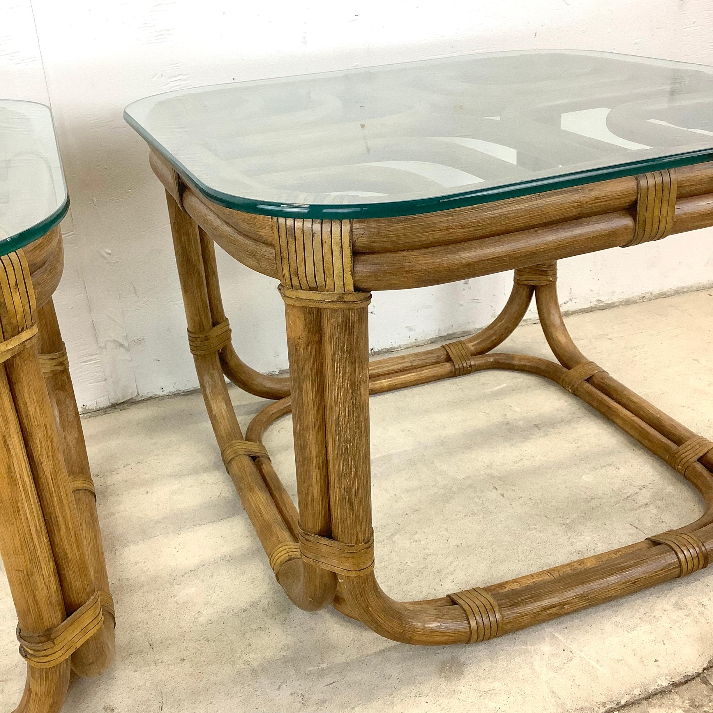 Pair Vintage Rattan Coastal End Tables For Sale 5