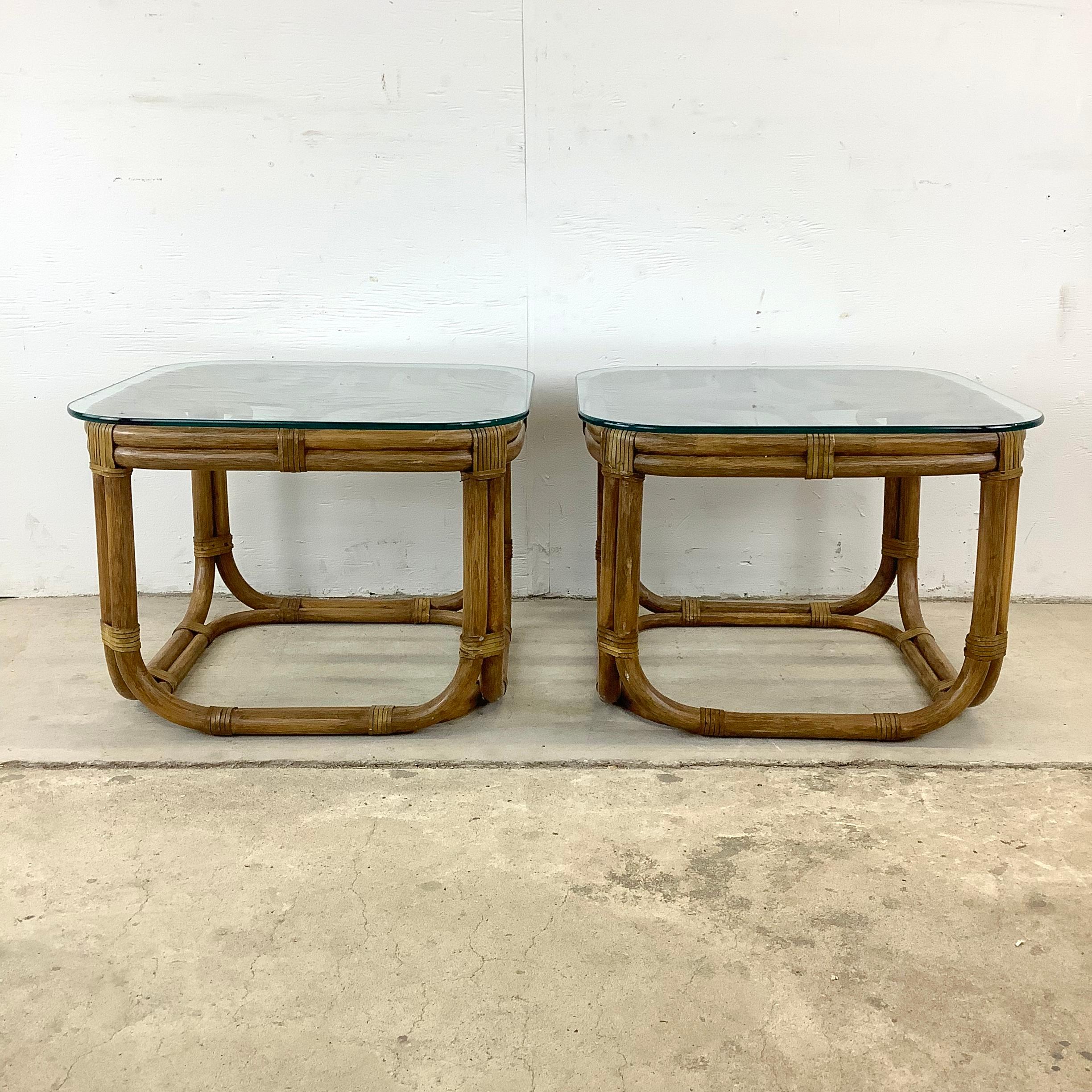 Pair Vintage Rattan Coastal End Tables For Sale 8