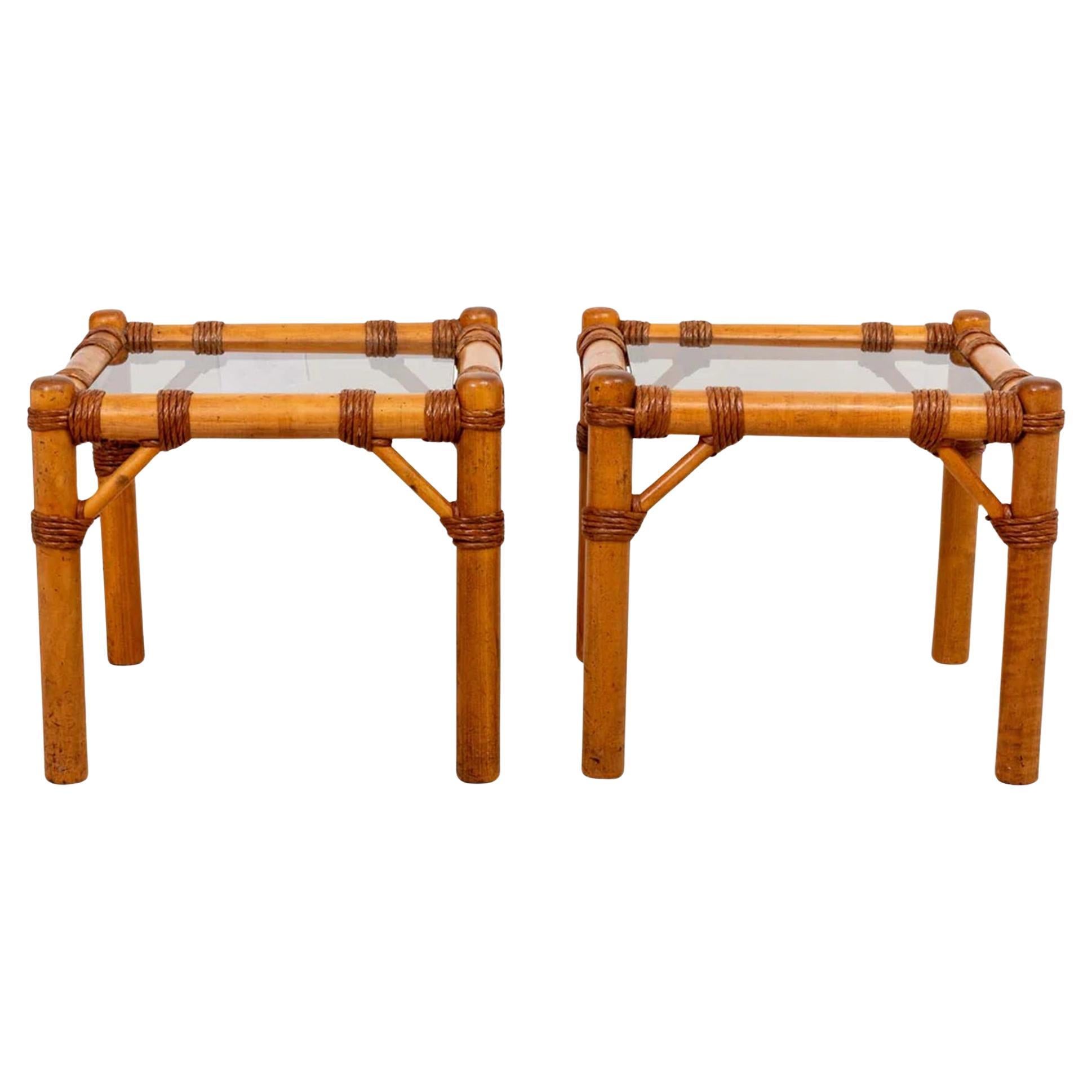 Pair Vintage Rattan Wrapped Tables with Glass Tops, 1950
s