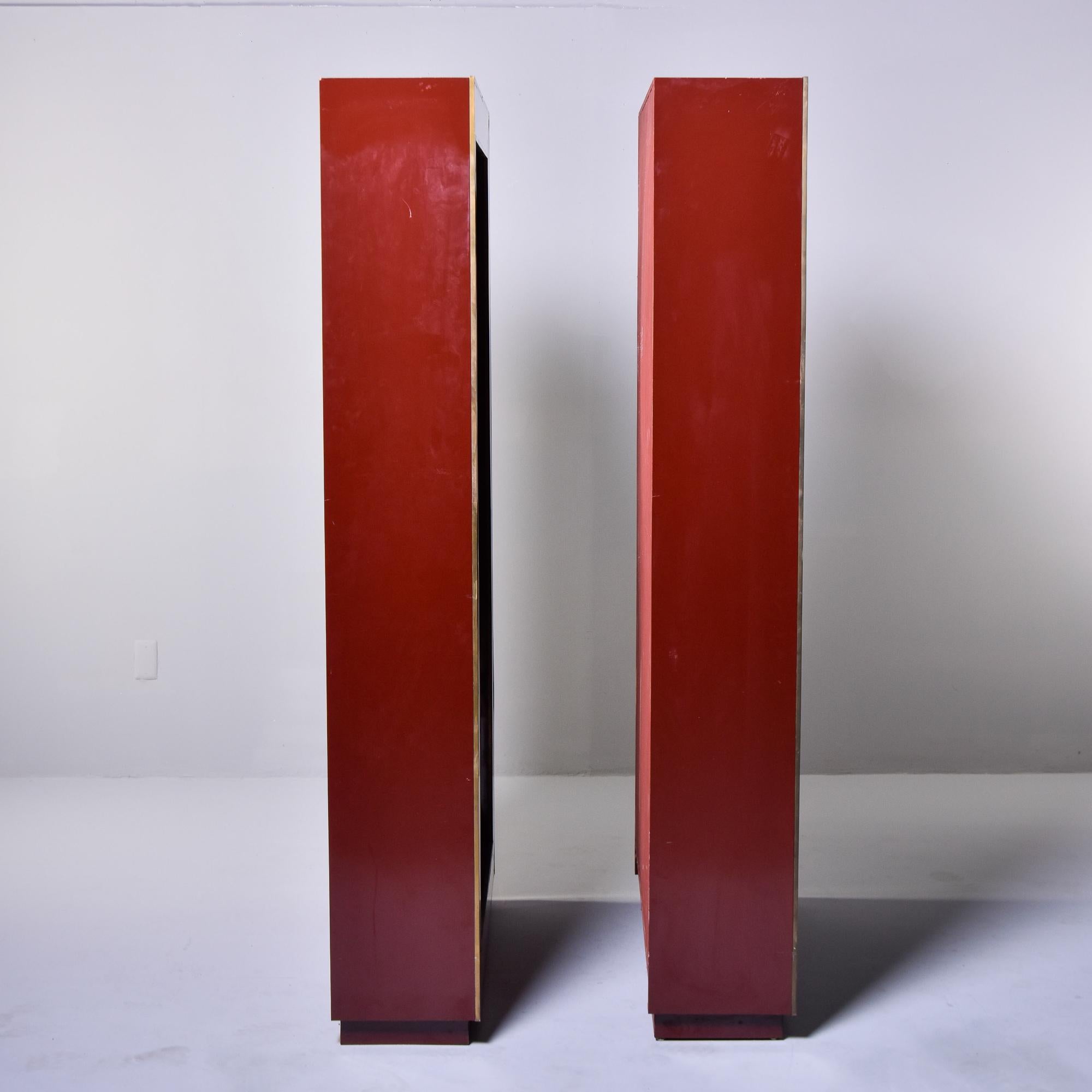 Pair Vintage Red Lacquered Chinoiserie Style Shelf Cabinets with Brass Trim  For Sale 7
