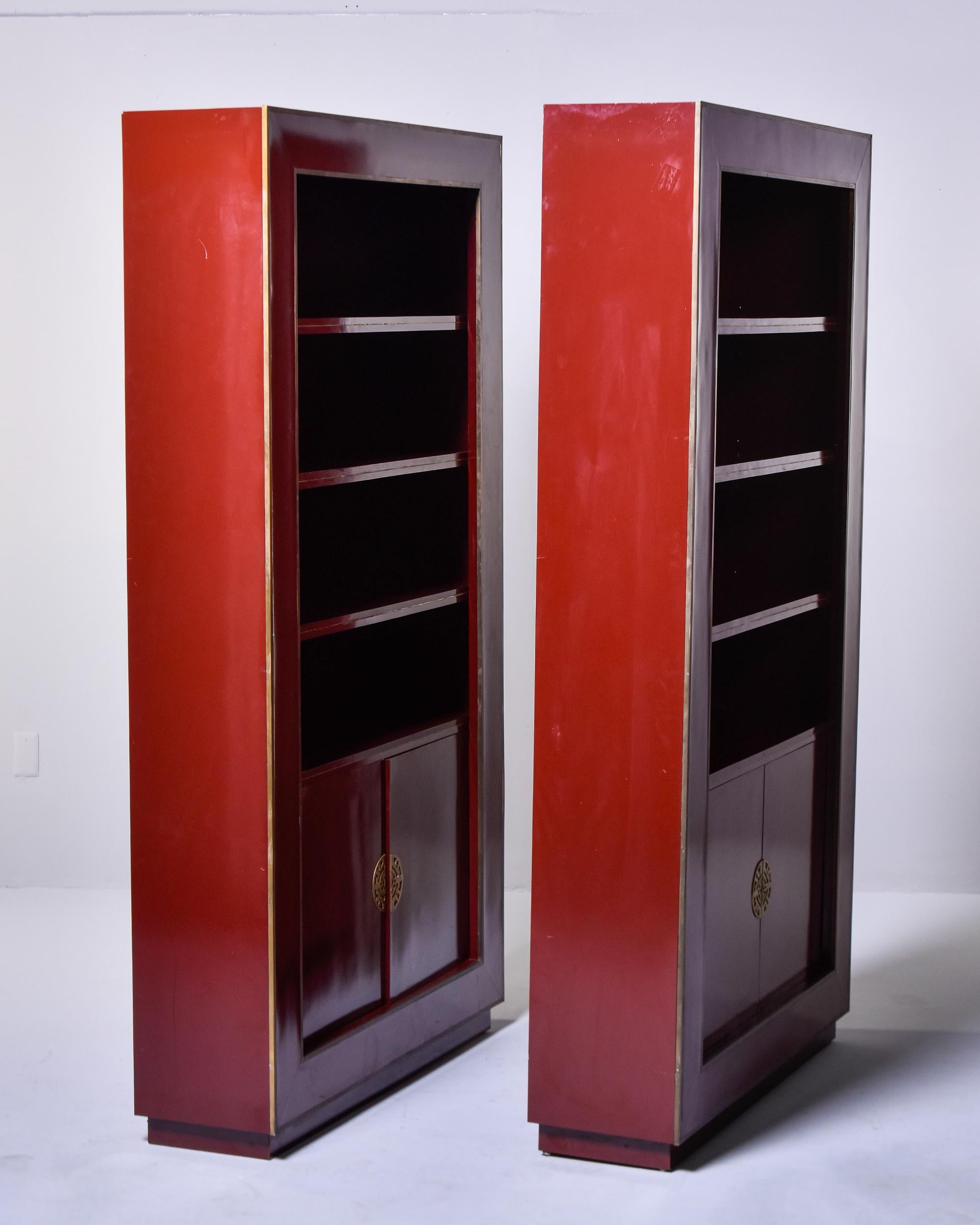Pair Vintage Red Lacquered Chinoiserie Style Shelf Cabinets with Brass Trim  For Sale 8