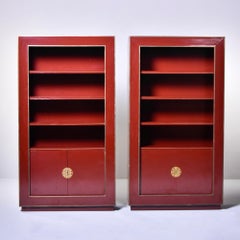Pair Vintage Red Lacquered Chinoiserie Style Shelf Cabinets with Brass Trim