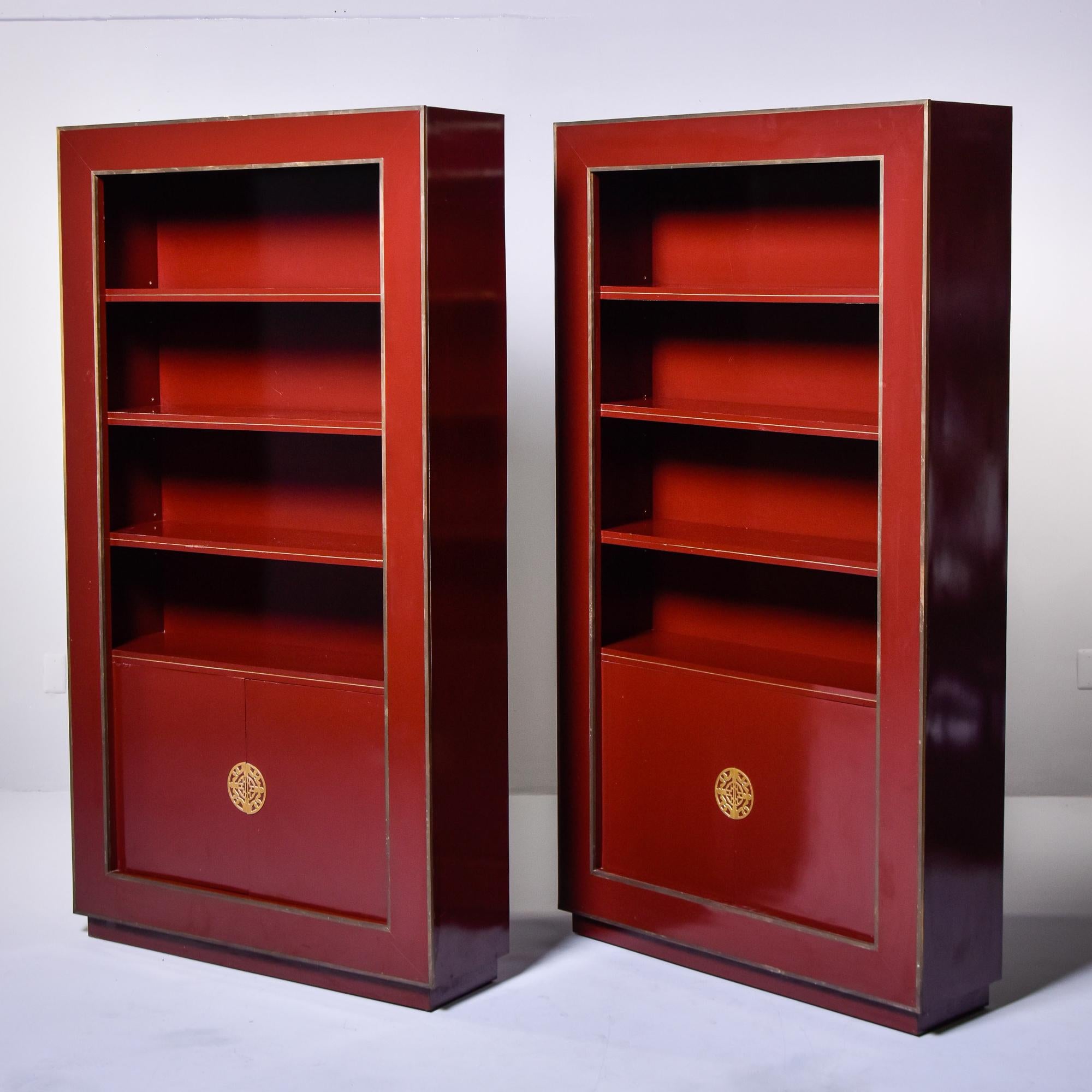 European Pair Vintage Red Lacquered Chinoiserie Style Shelf Cabinets with Brass Trim  For Sale