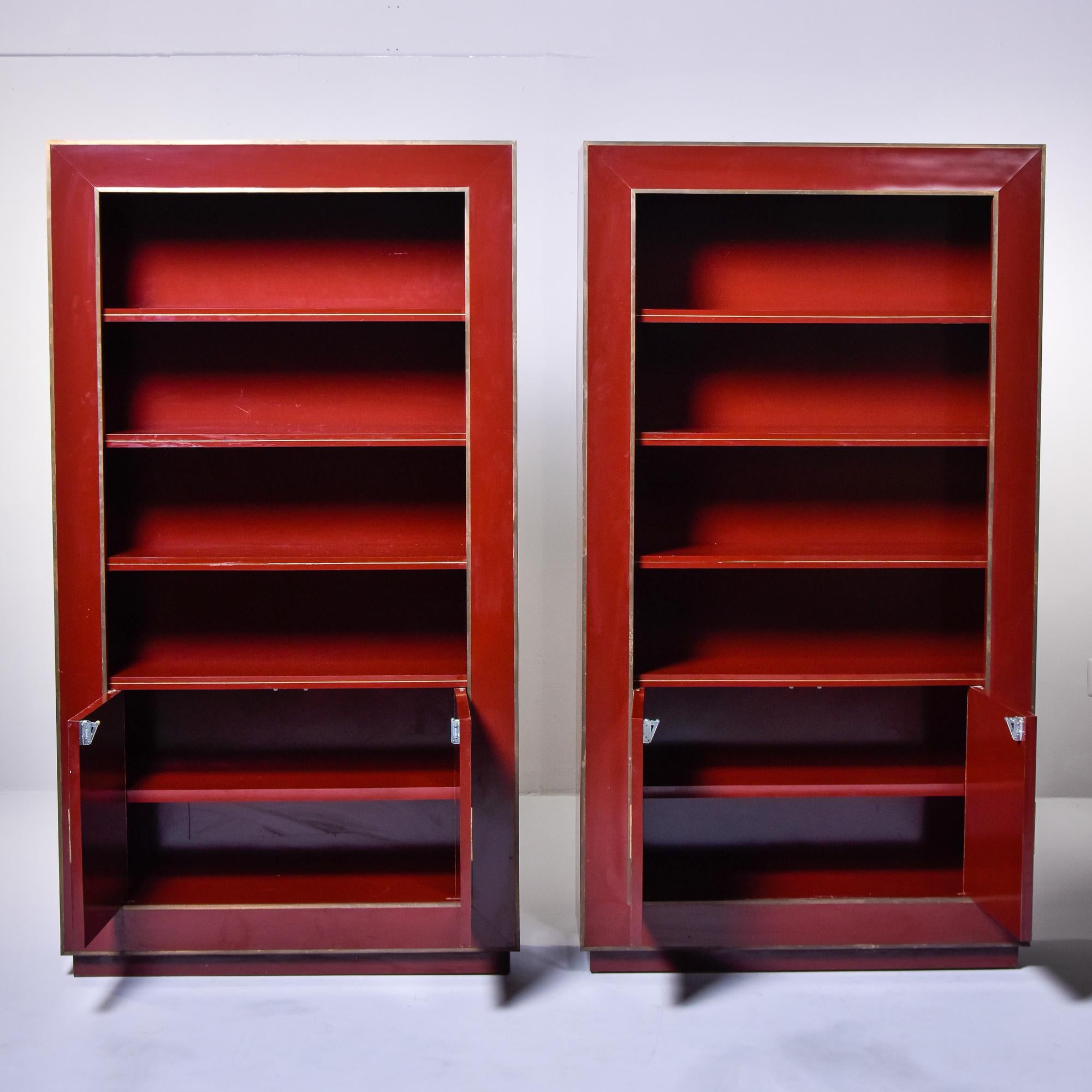 Pair Vintage Red Lacquered Chinoiserie Style Shelf Cabinets with Brass Trim  For Sale 3