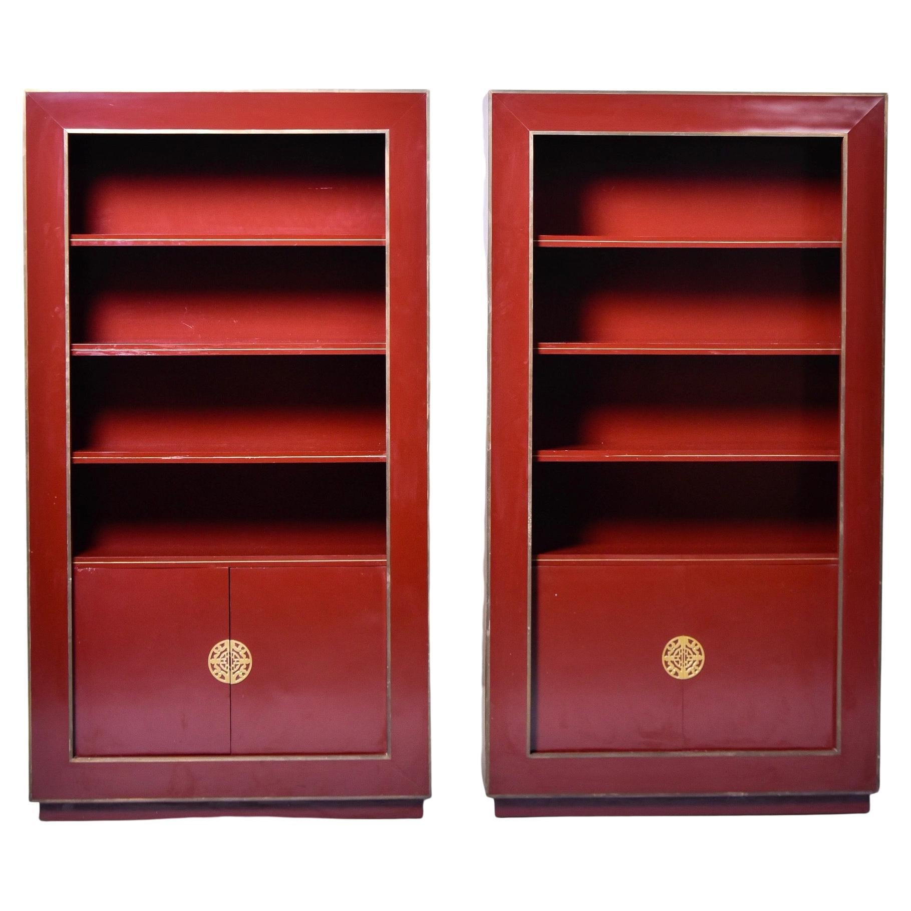 Pair Vintage Red Lacquered Chinoiserie Style Shelf Cabinets with Brass Trim 