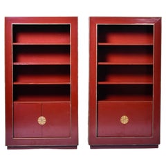 Pair Vintage Red Lacquered Chinoiserie Style Shelf Cabinets with Brass Trim 