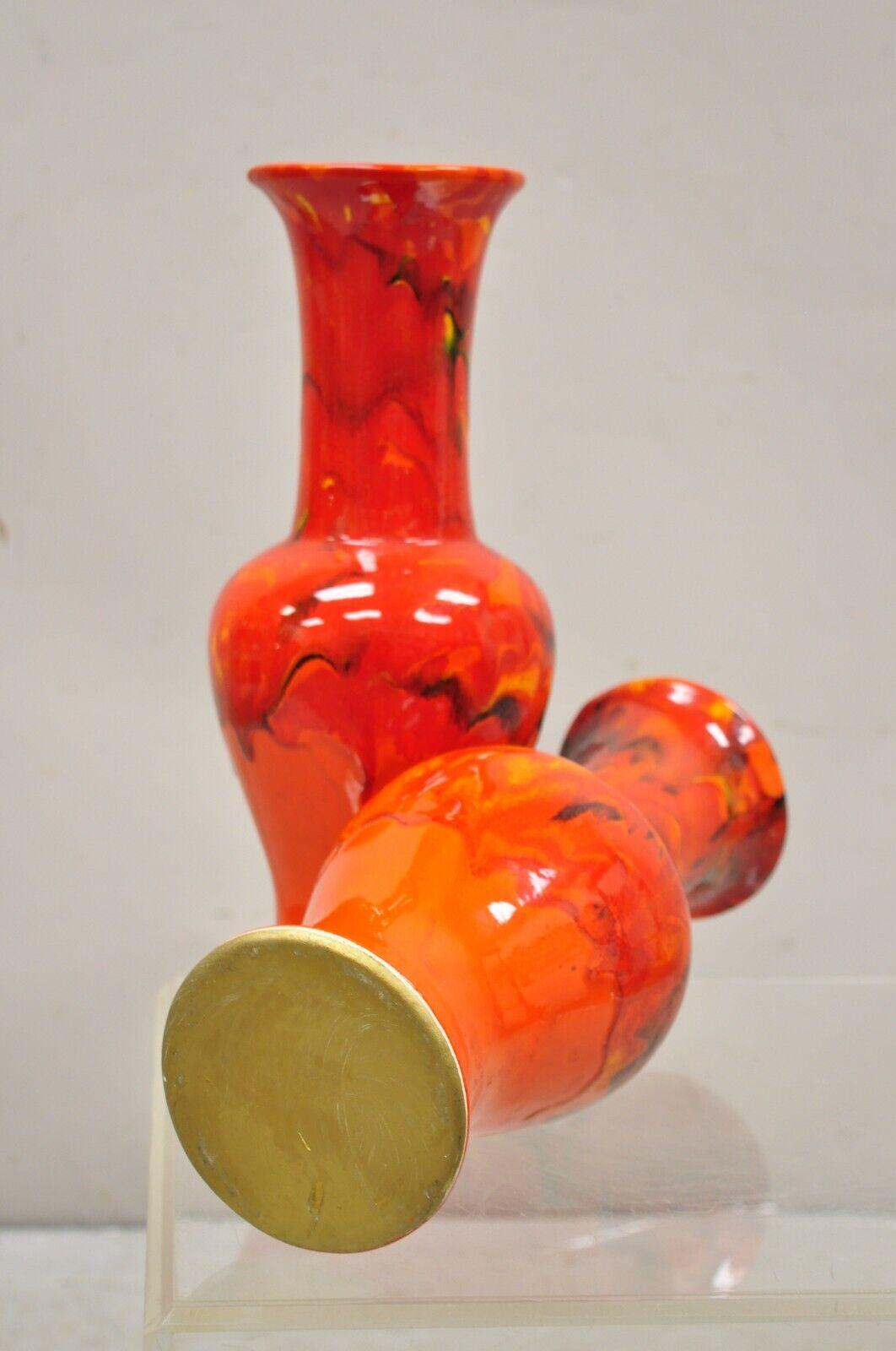 Pair Vintage Red Lava Drip Glazed Mid Century Modern Ceramic Pottery Vessel Vase For Sale 5