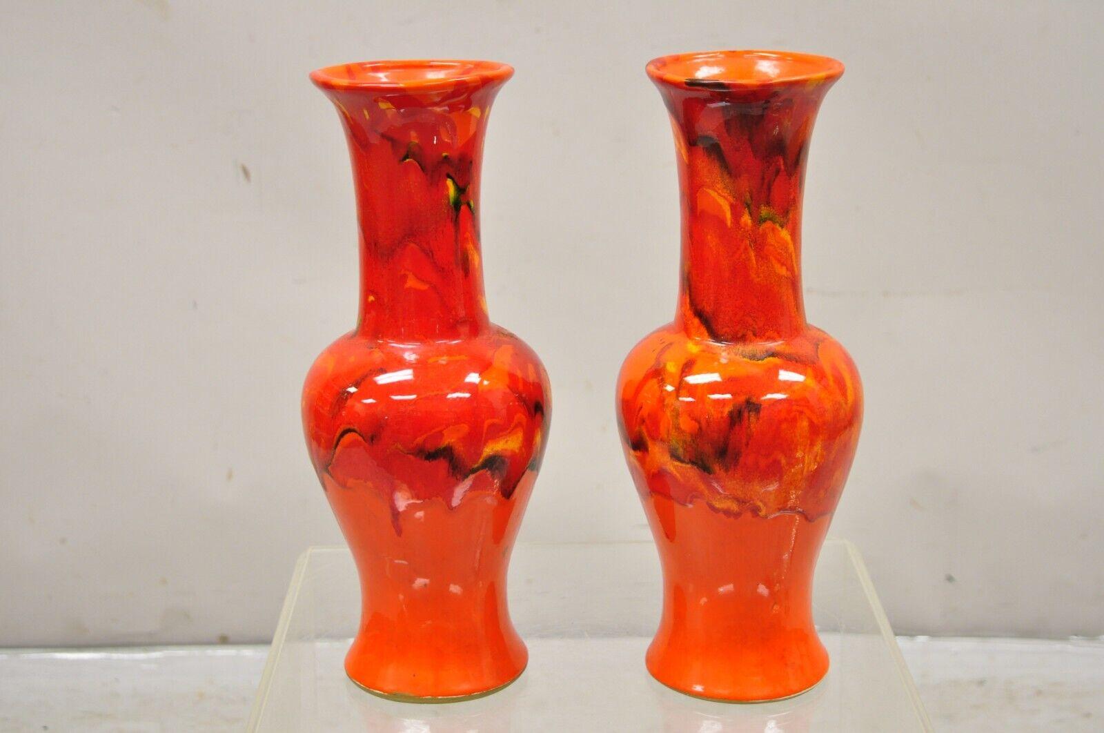 Pair Vintage Red Lava Drip Glazed Mid Century Modern Ceramic Pottery Vessel Vase For Sale 6