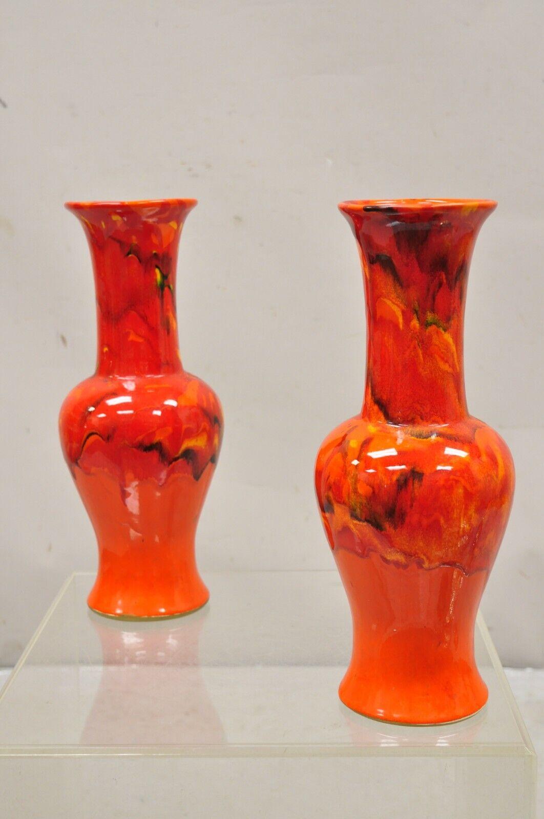 Pair of Vintage Red Lava Drip Glazed Mid Century Modern Ceramic Pottery Vessel Vase. Circa Mid 20th Century. Measurements: 15