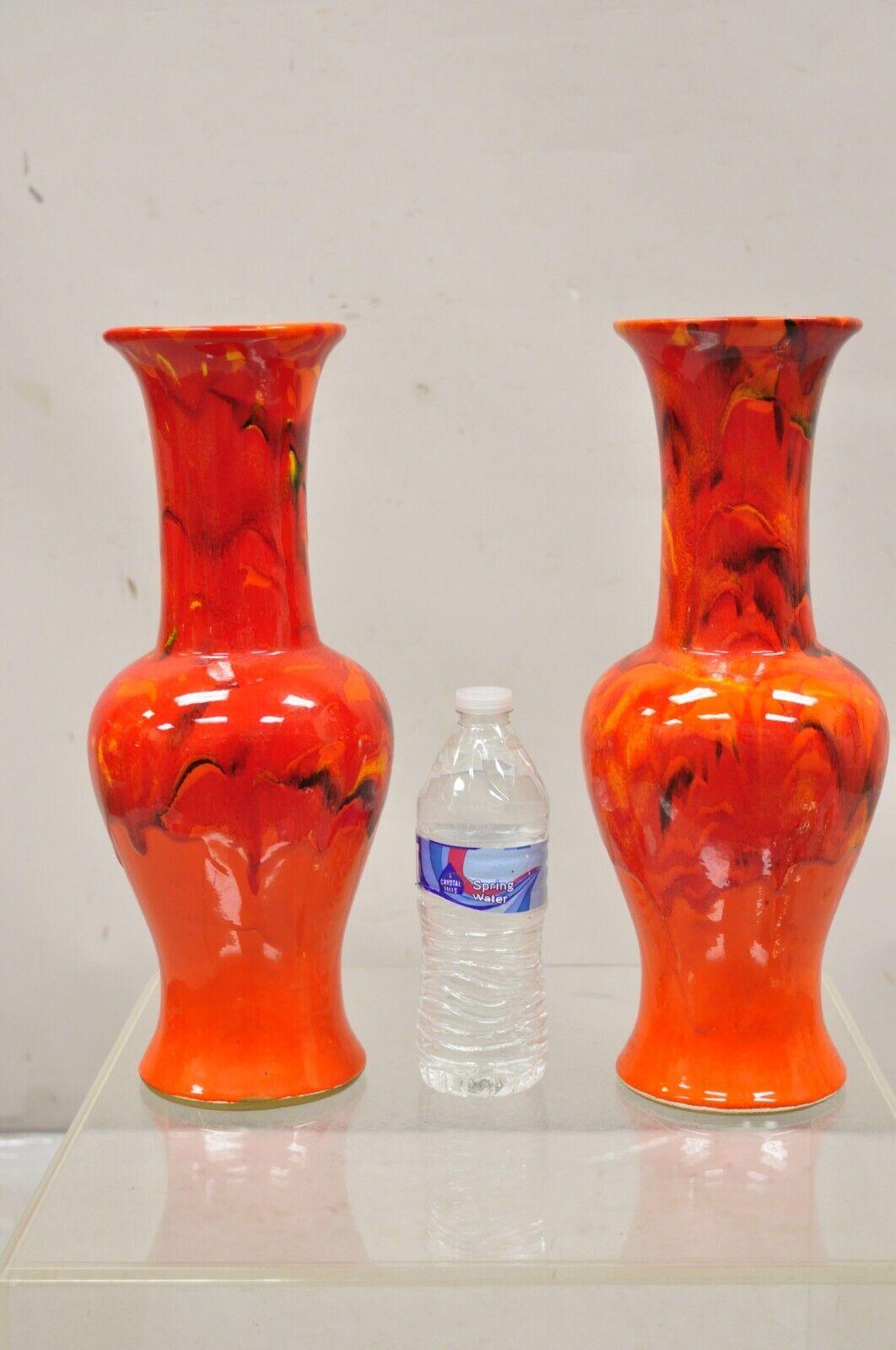 Mid-Century Modern Pair Vintage Red Lava Drip Glazed Mid Century Modern Ceramic Pottery Vessel Vase For Sale