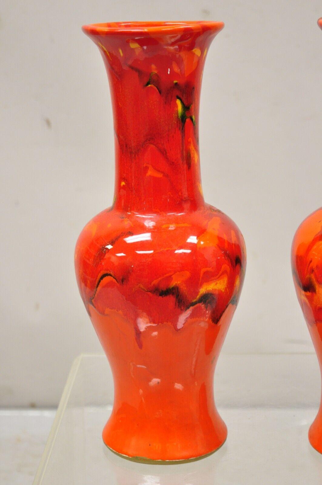 Pair Vintage Red Lava Drip Glazed Mid Century Modern Ceramic Pottery Vessel Vase In Good Condition For Sale In Philadelphia, PA